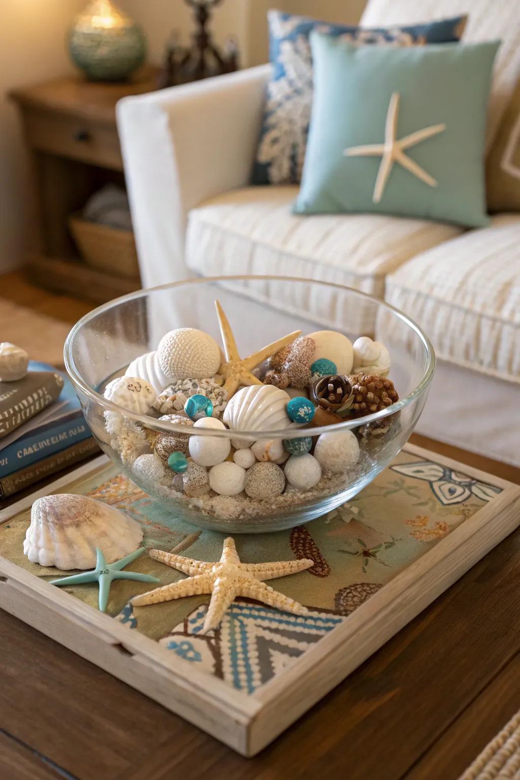 A coastal Christmas with seashells in a glass bowl.