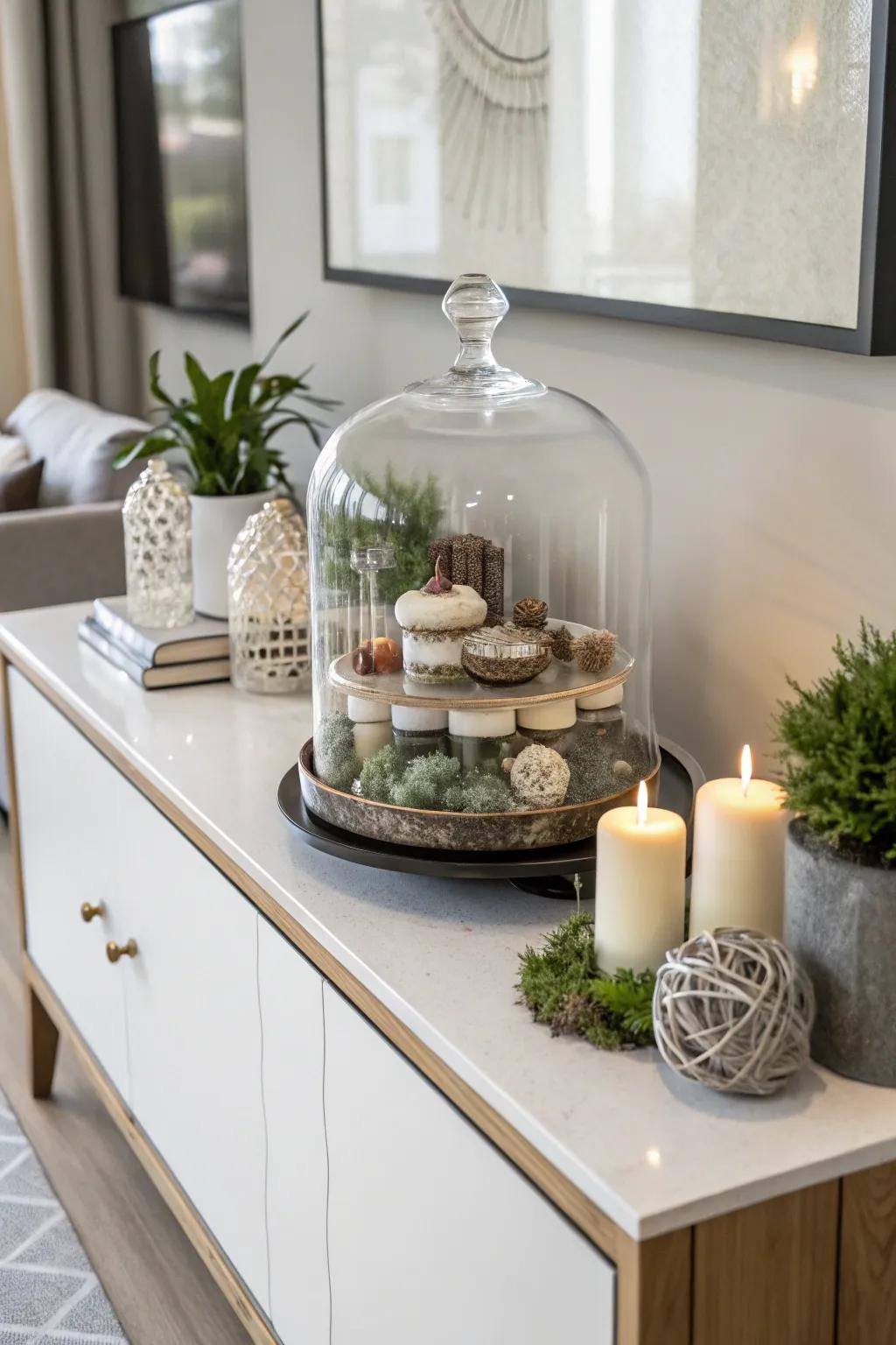 Layered items underneath a glass cover contribute depth plus fascination.