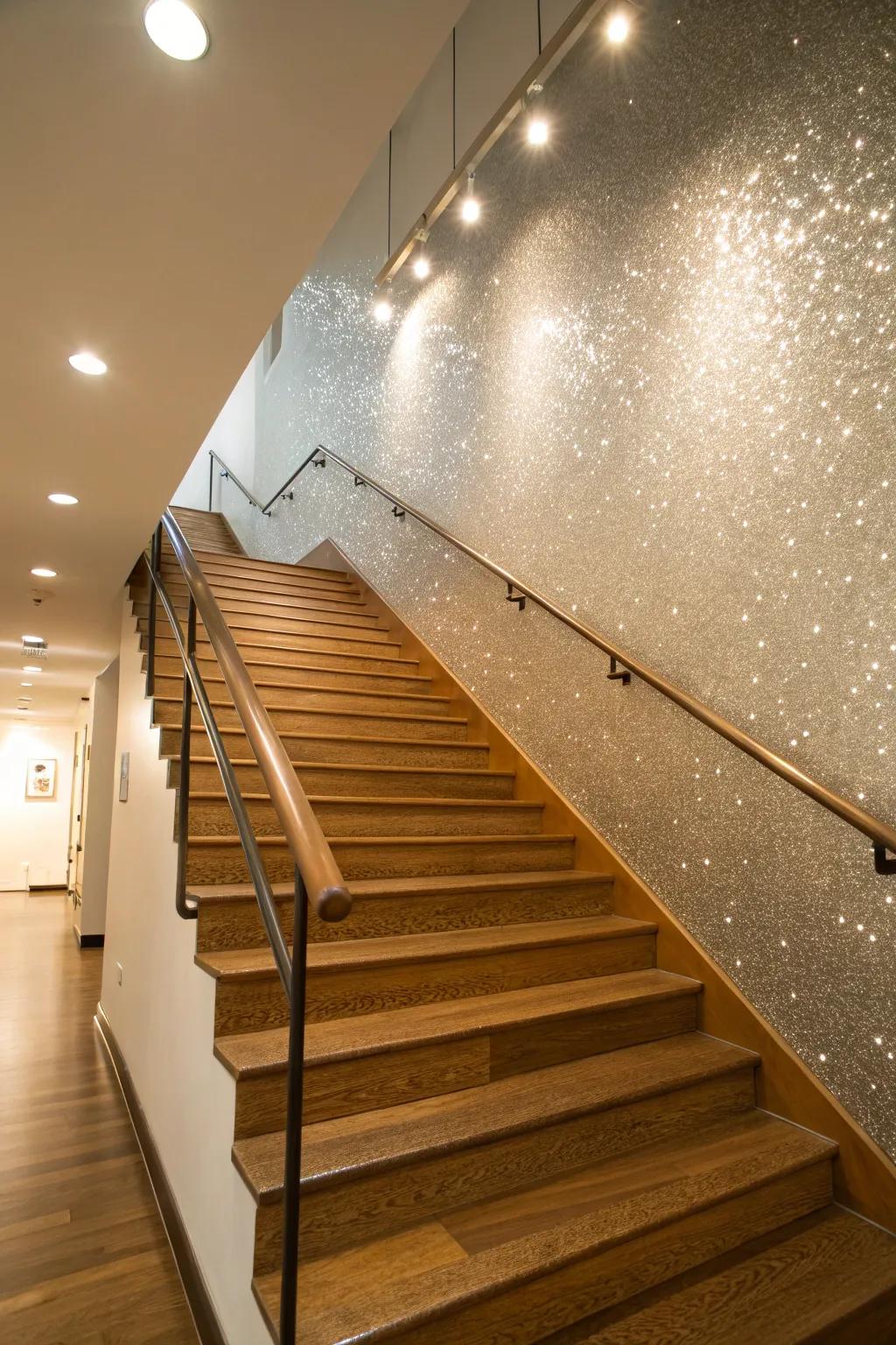 A shimmering feature wall makes a statement on a stairway.