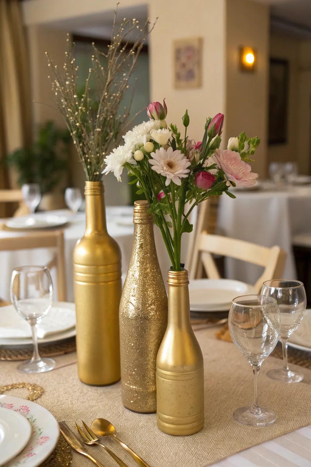 Chic gold-painted bottles adding a stylish touch.