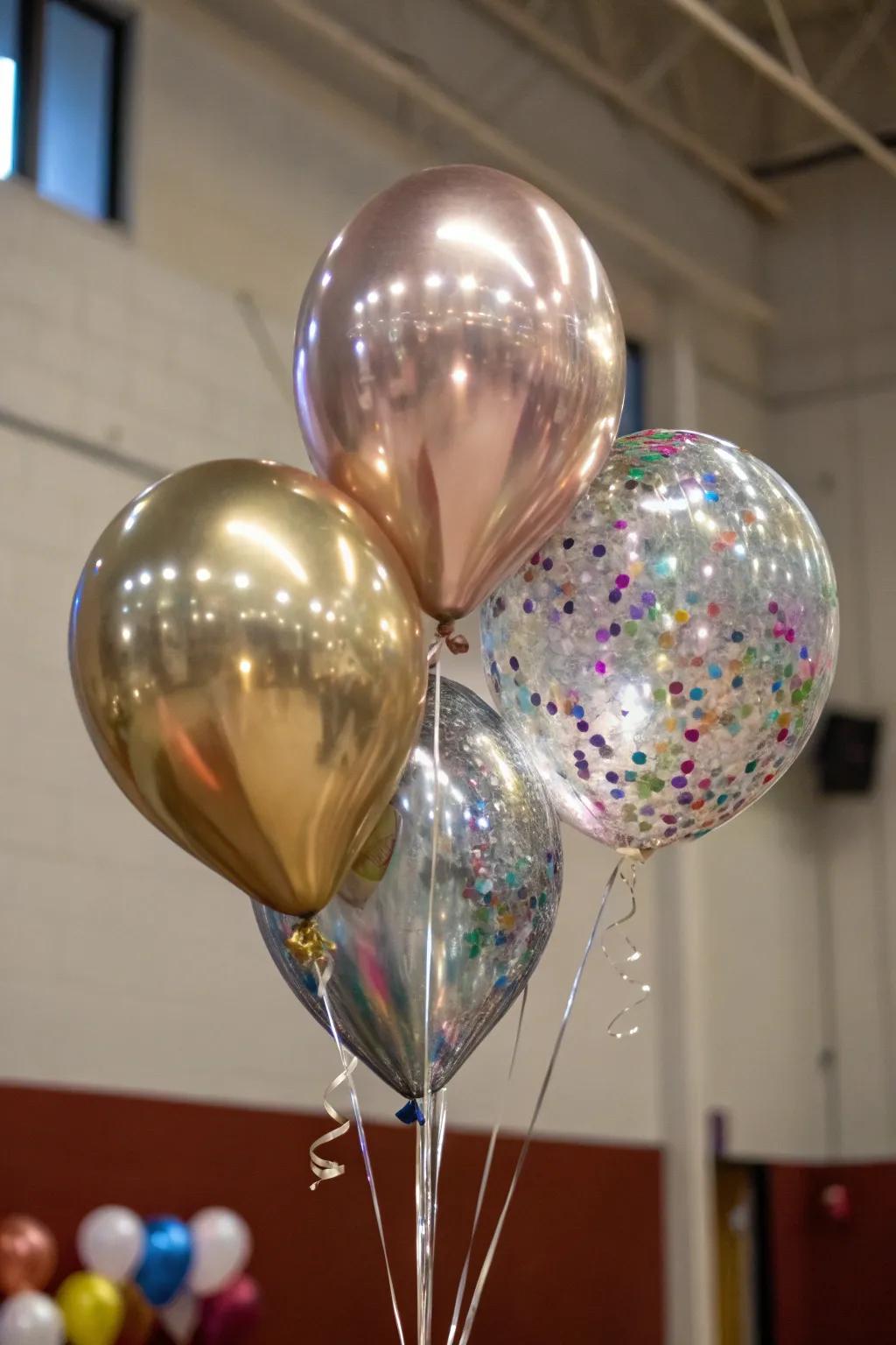 Reflective balloons introduce a shimmering elegance to the decor.