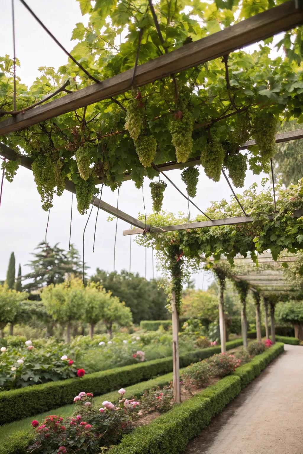 Floating trellises create a dramatic and whimsical garden feature.