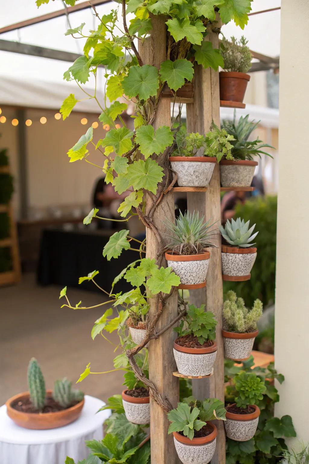 A grapevine tree as a creative vertical garden in a compact space.