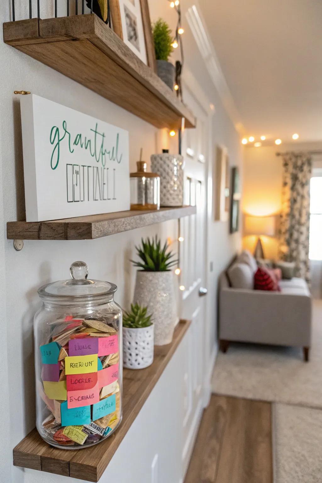 A gratitude pot wall gathering sentiments.