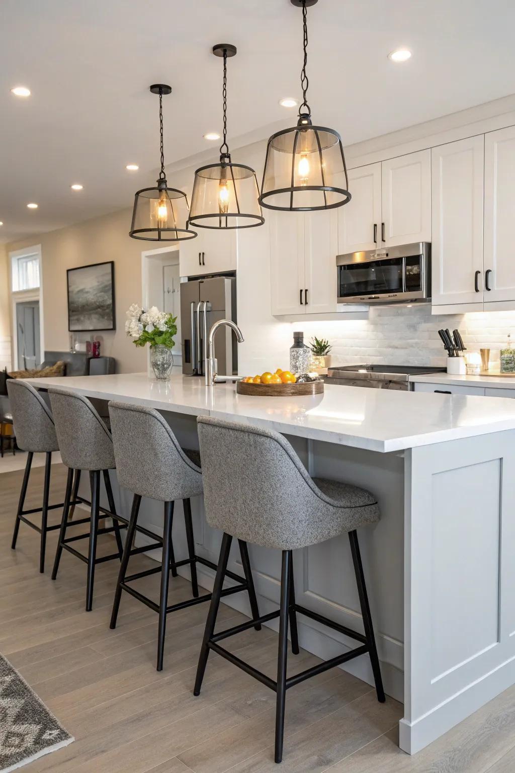 Contemporary kitchen stools complete the kitchen's style.