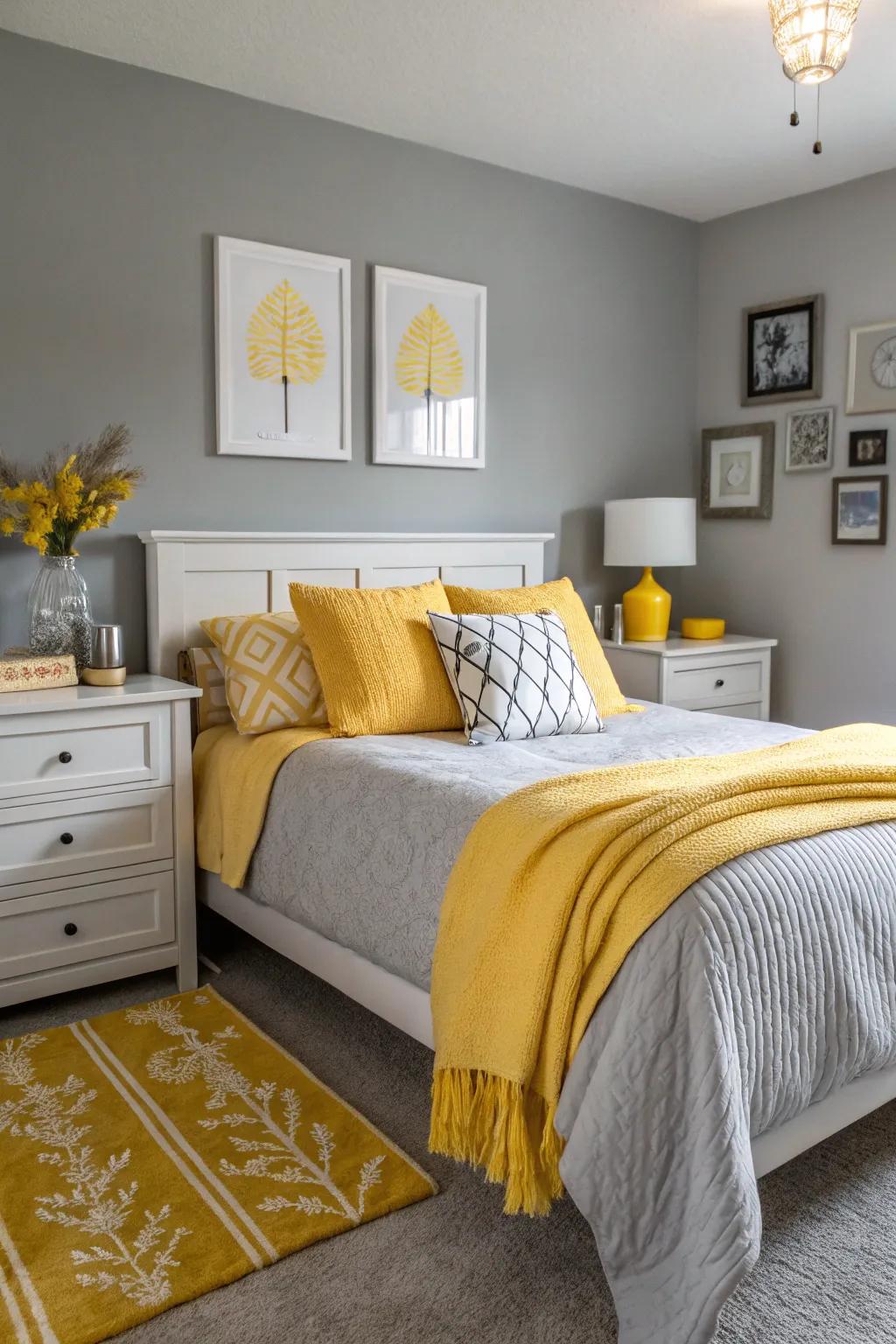 A vibrant gray bedroom showcasing sunny yellow accents.