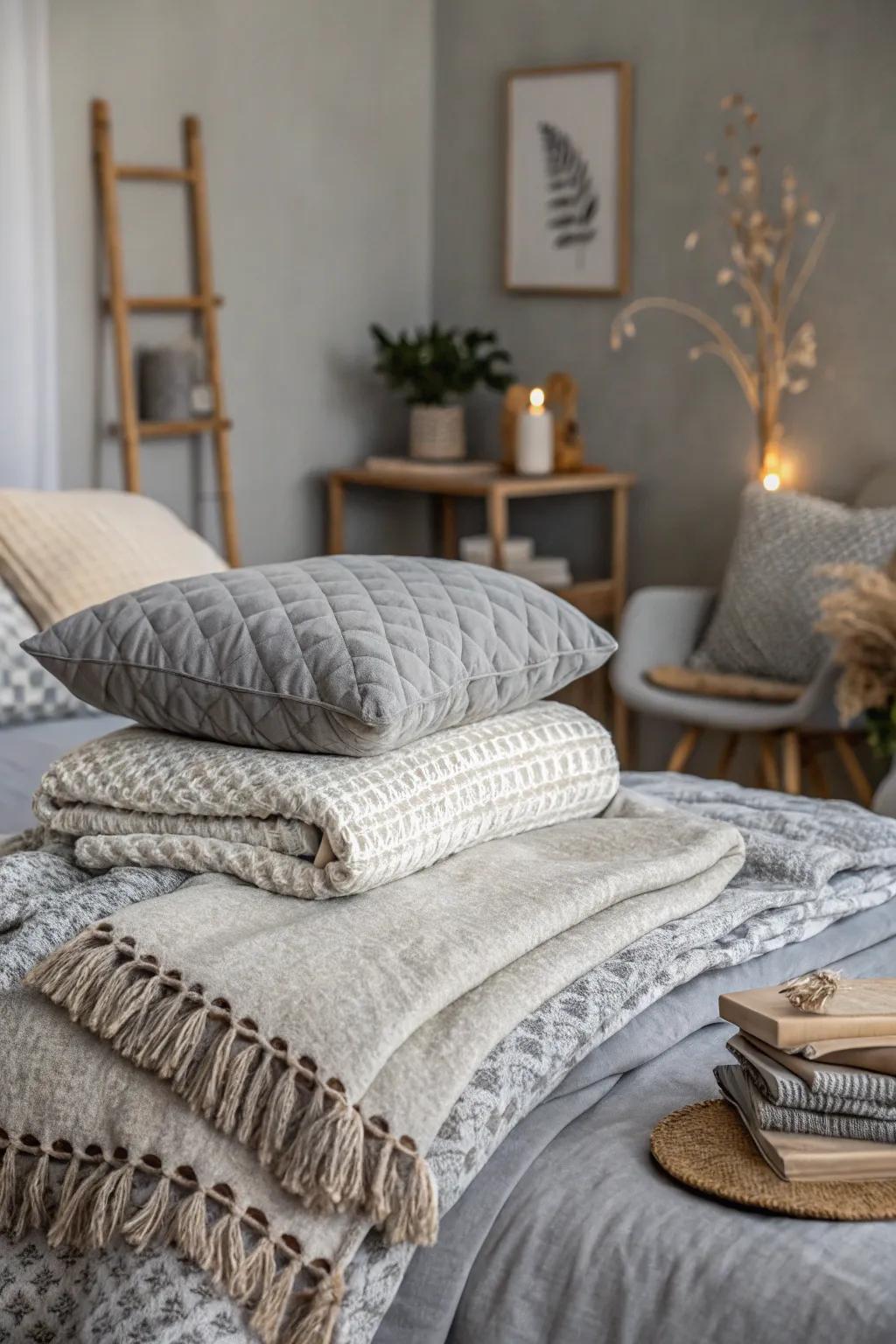Textured materials enhance both the comfort and design of gray bedrooms.