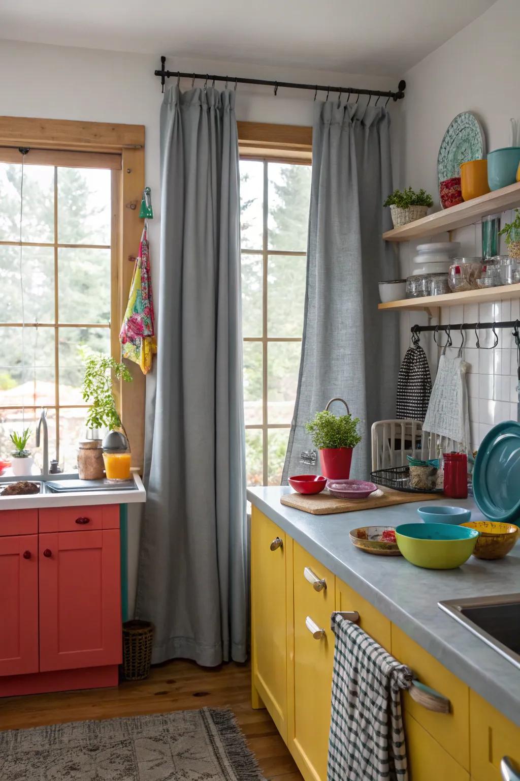 Gray drapes with a splash of color from vibrant kitchen accessories.