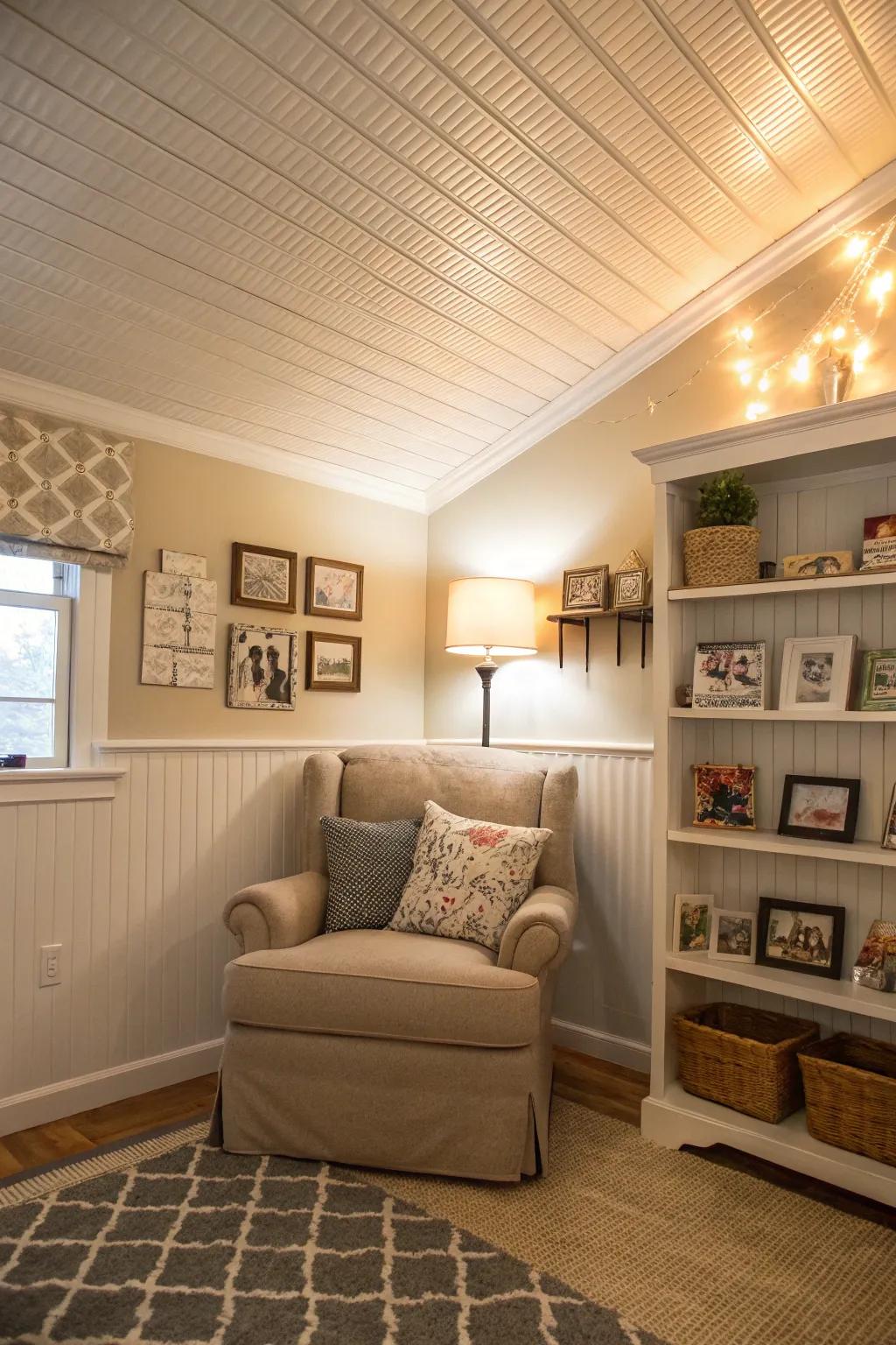Plankboard ceilings evoke a cozy, cottage-like charm.