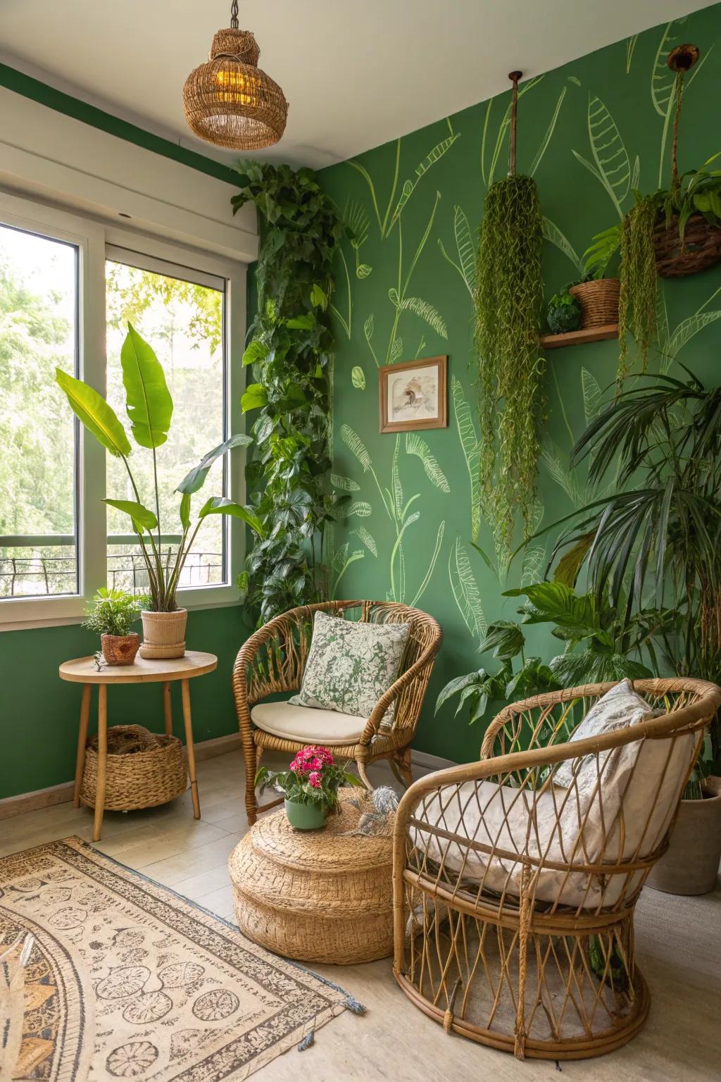 Jungle green walls design a tropical getaway indoors.