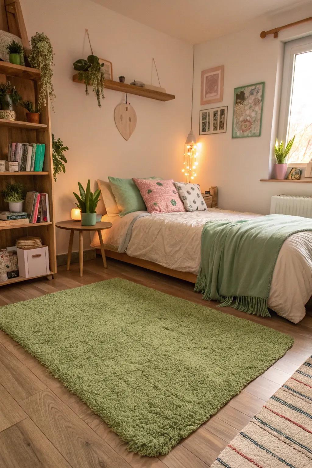 A green rug anchors the design, adding necessary warmth and texture.