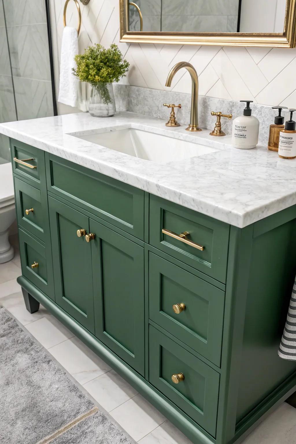 Verdant console with a contrasting white marble surface.