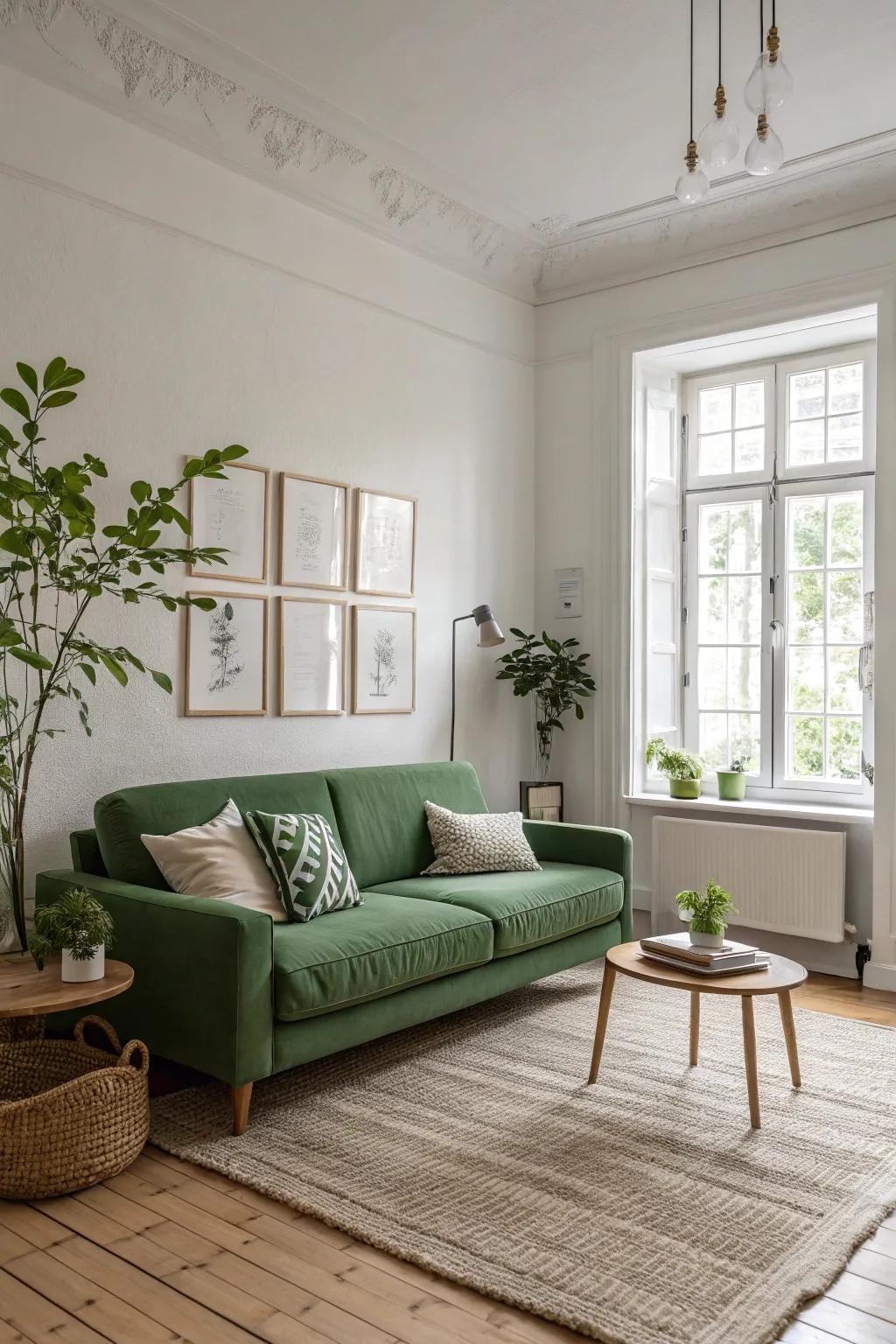 Nordic minimalism heightens the tranquility of a living space featuring a verdant couch.