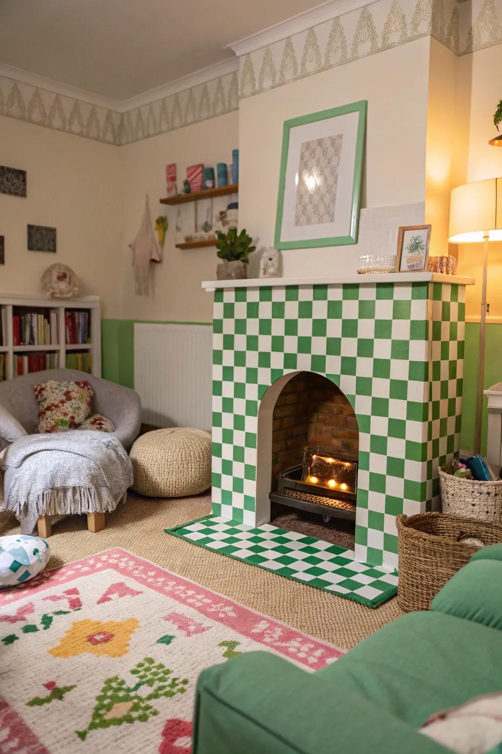 A playful living room featuring a unique green and white block fireplace.