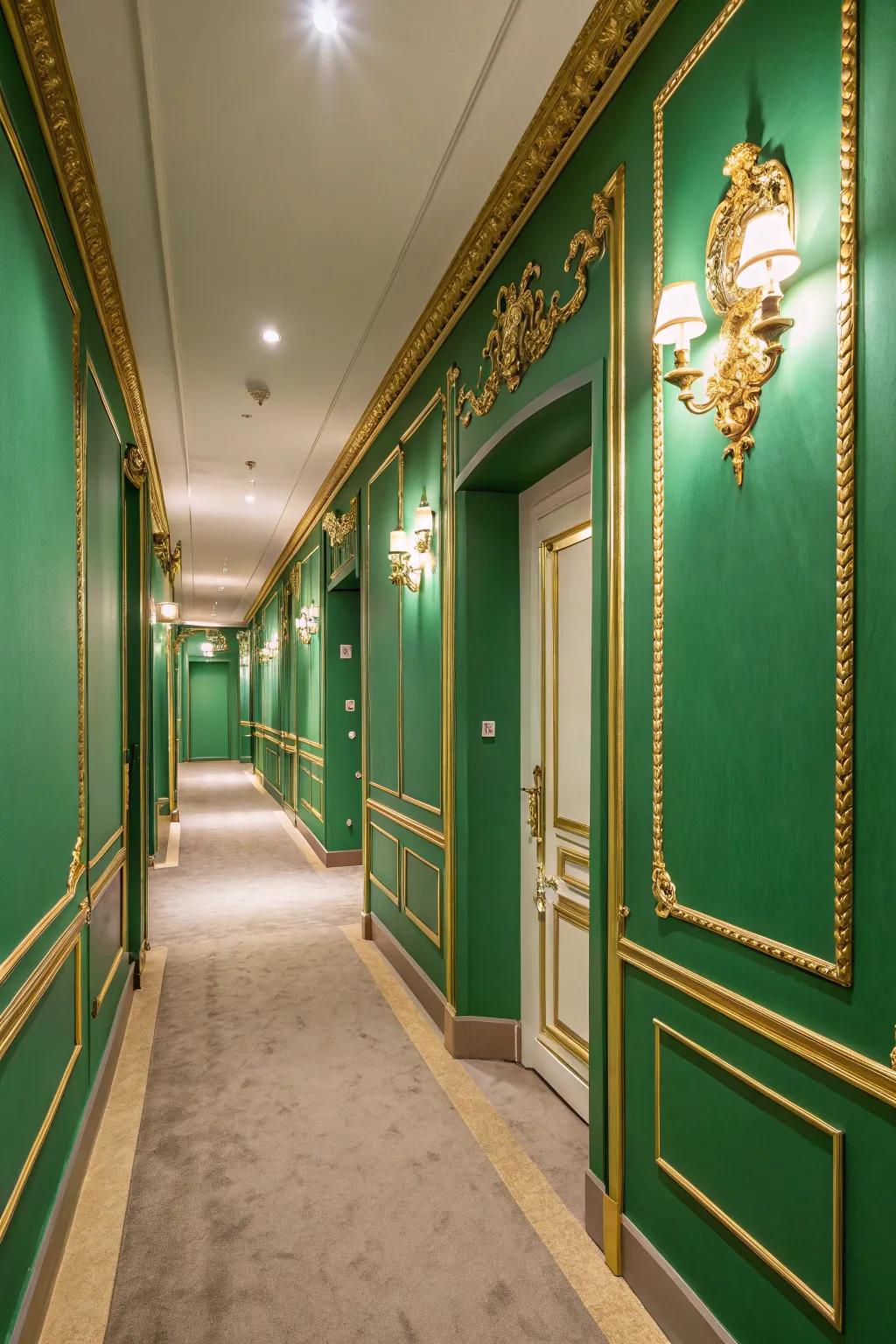 Green and gold accents create a luxurious feel in this hallway.