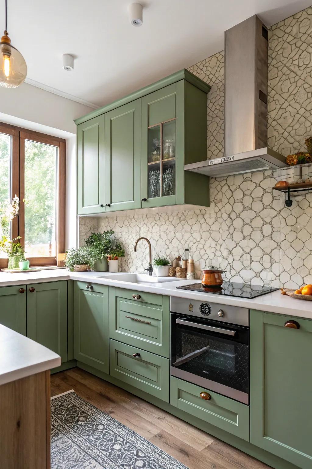 Embossed tiles introduce richness and visual interest to a green kitchen.