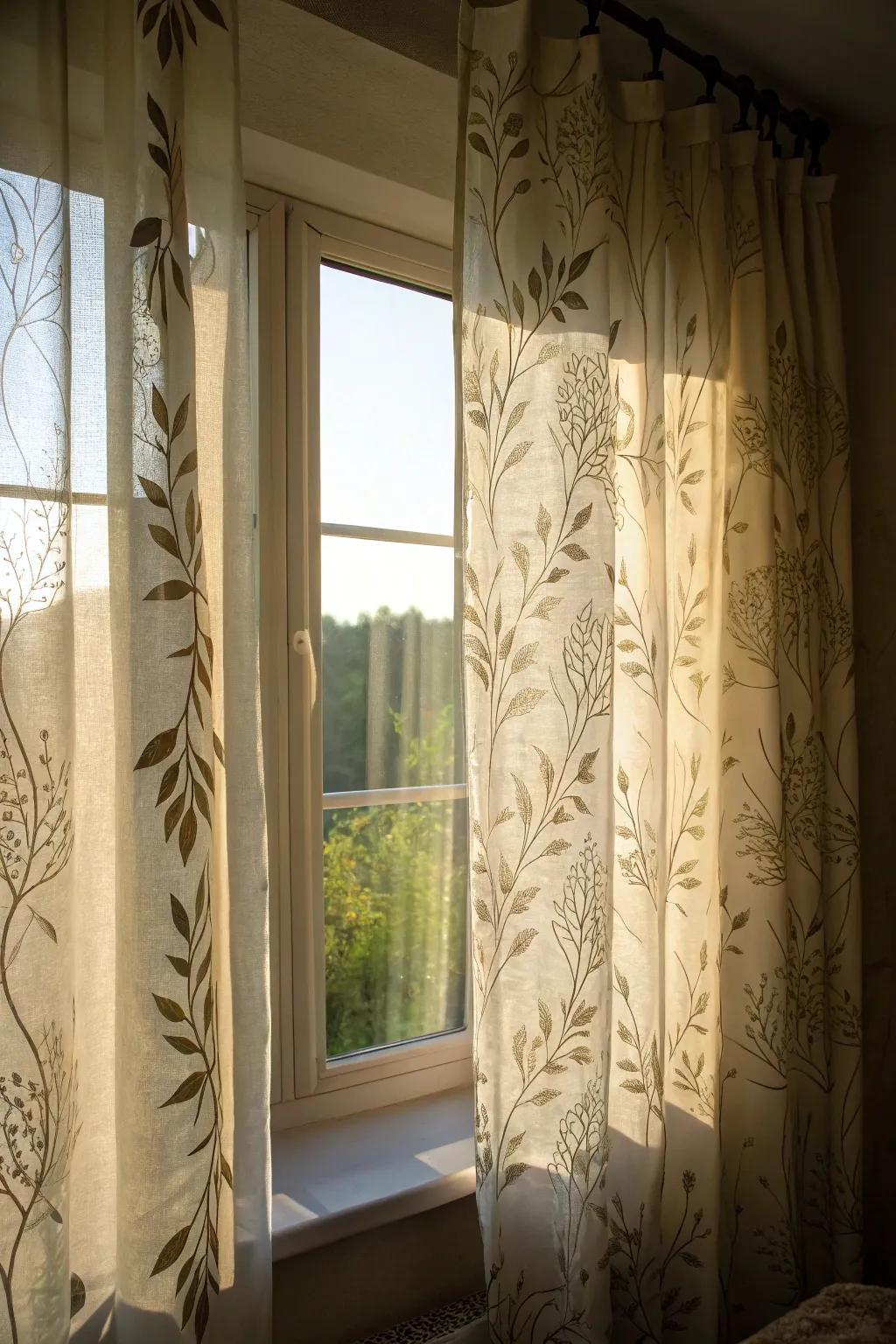 Botanical window dressings lend a serene botanical touch.