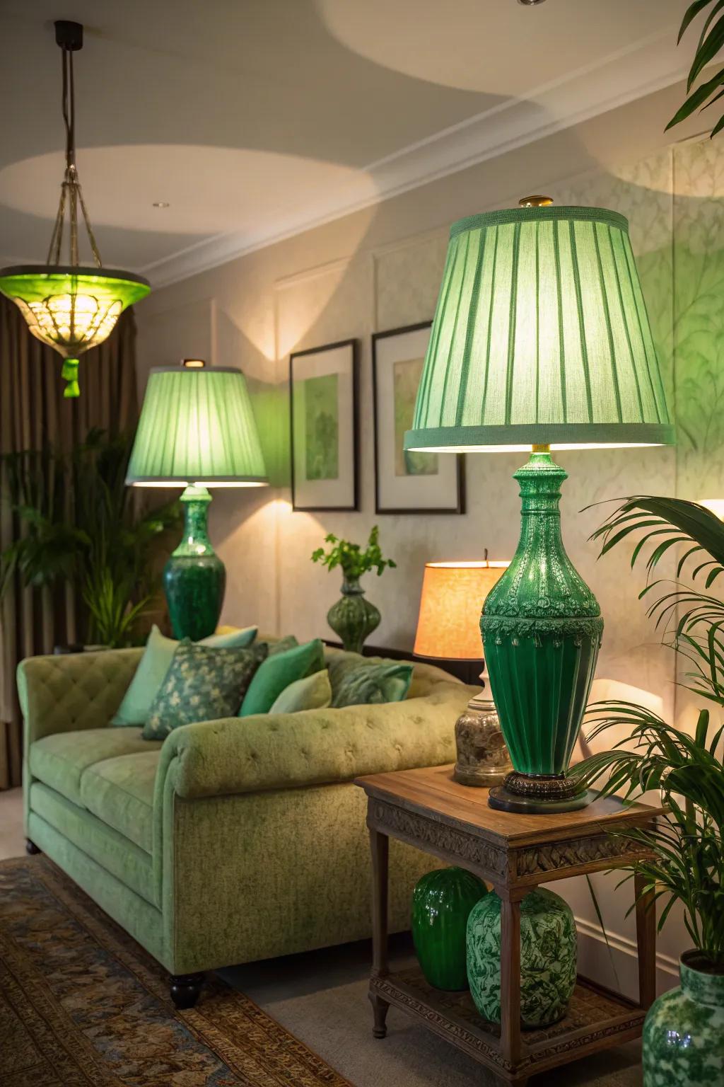 Green lighting adds a unique glow to your living room.