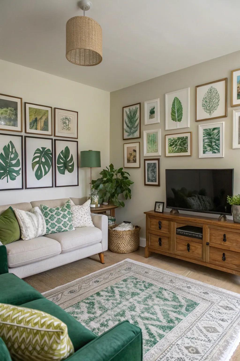 A green-toned gallery wall adds a personal touch to this space.