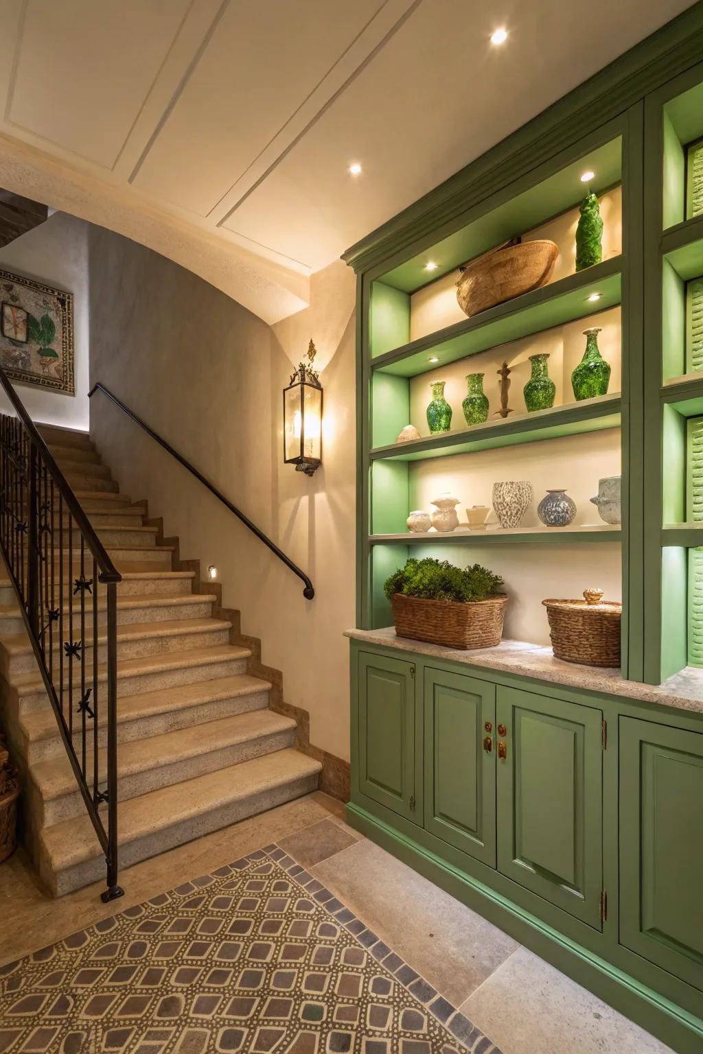 Unexpected green touches add charm and intrigue.