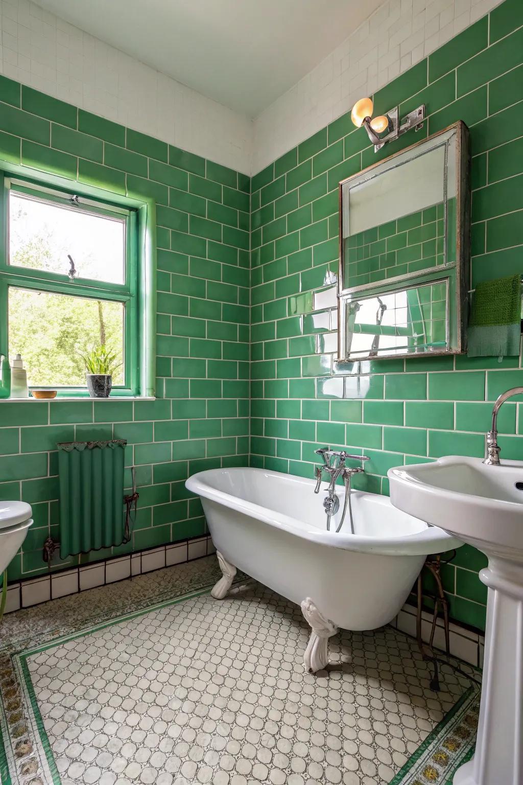 Vintage green tiles contribute a nostalgic and lively twist.