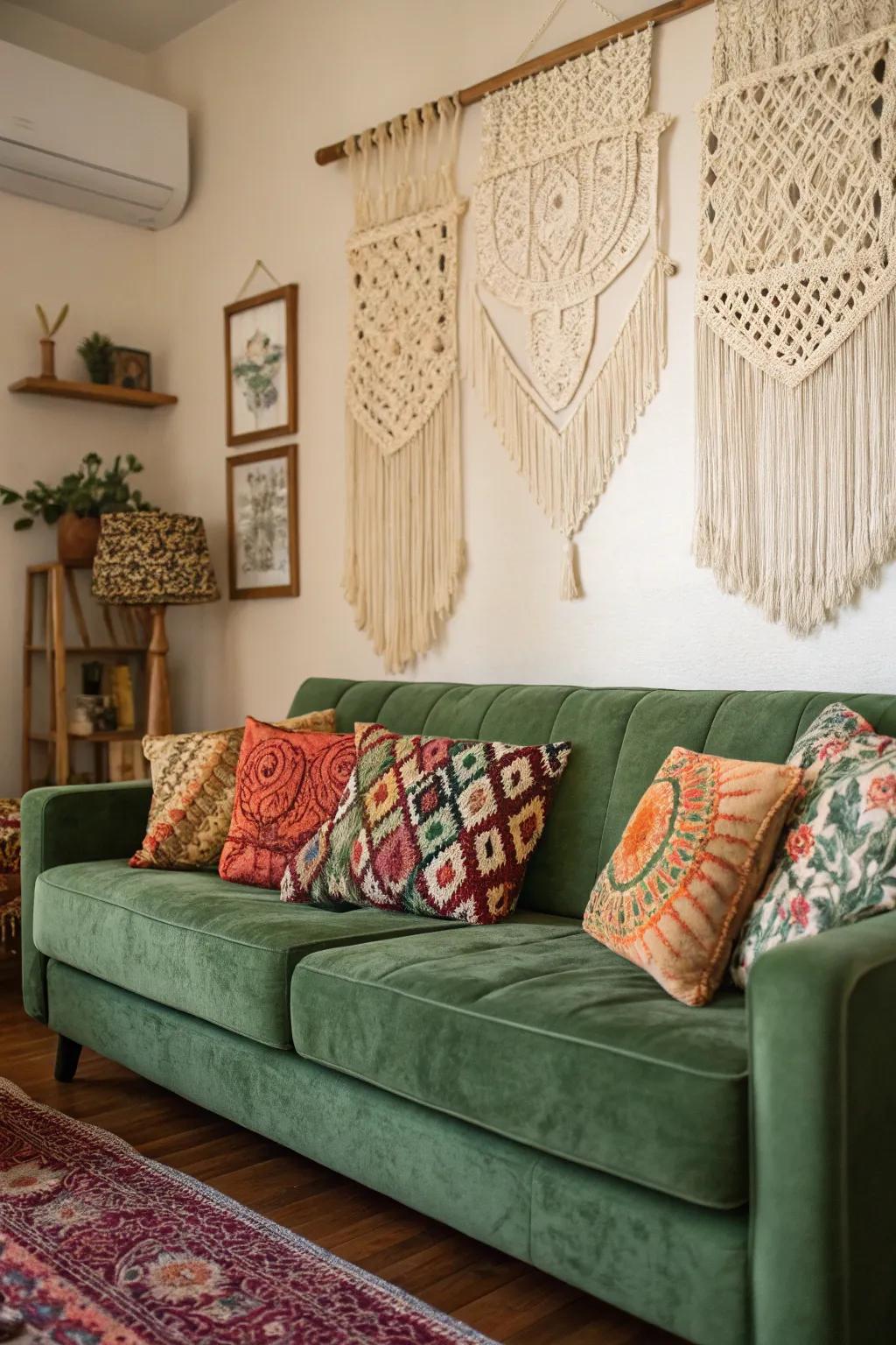 A bohemian living room with a forest-toned plush sofa and varied decor.