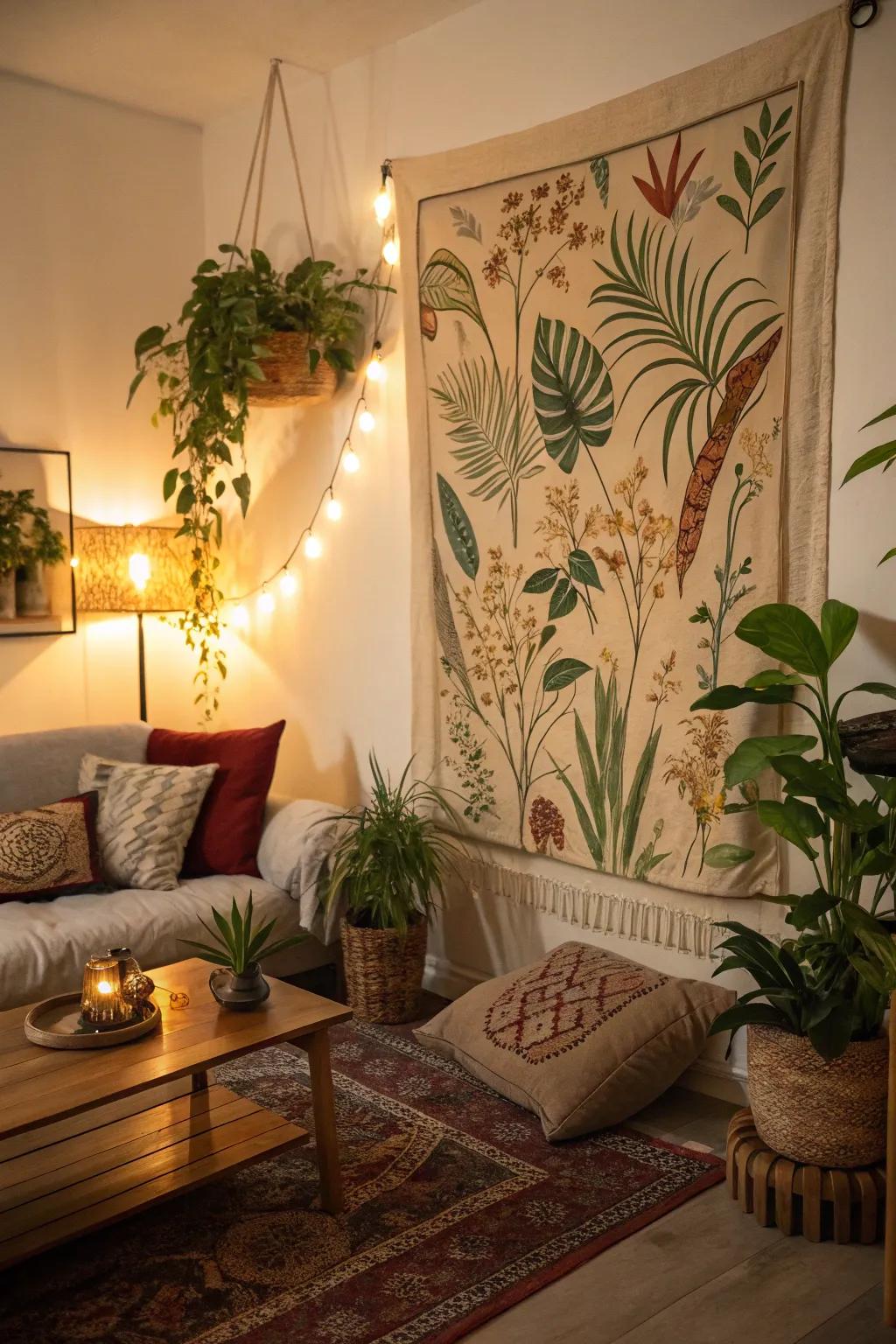 A botanical wall tapestry adds warmth and texture to the space.