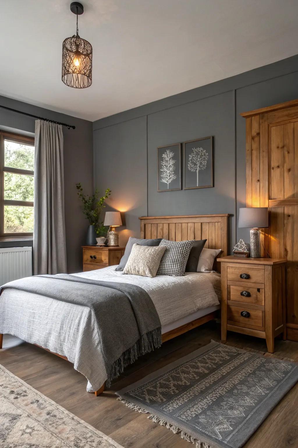 Warm wooden shades beautifully enhance the grey feature wall.