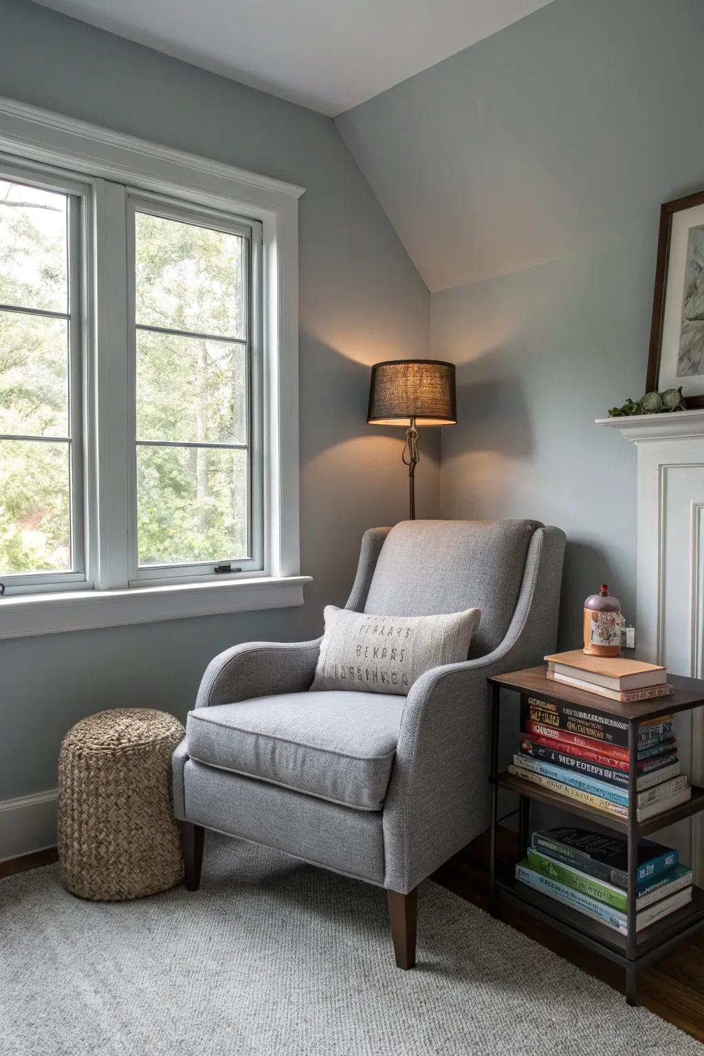 A grey reading alcove delivers a personal retreat.