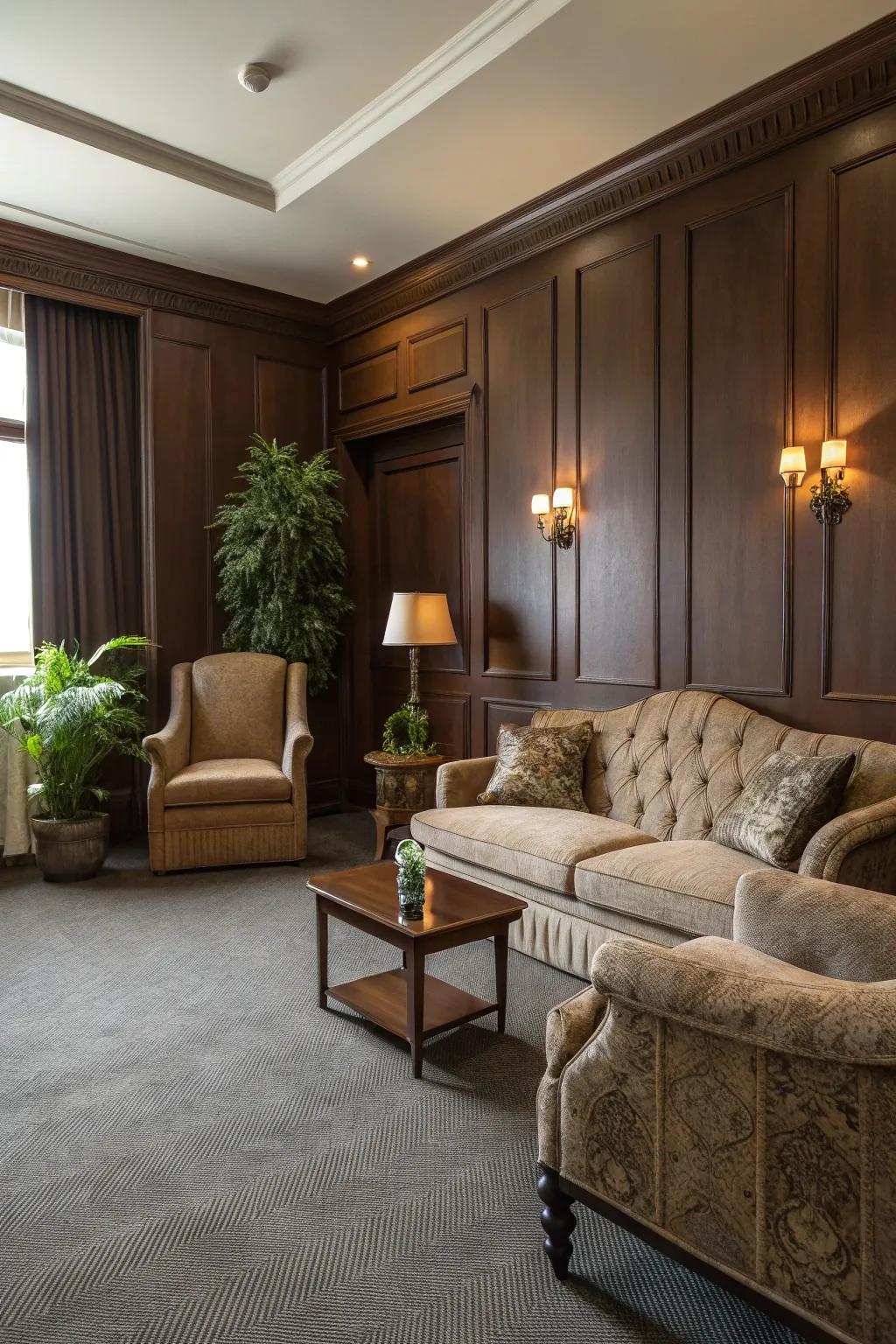 Umber walls add richness and warmth to areas with grey carpet.