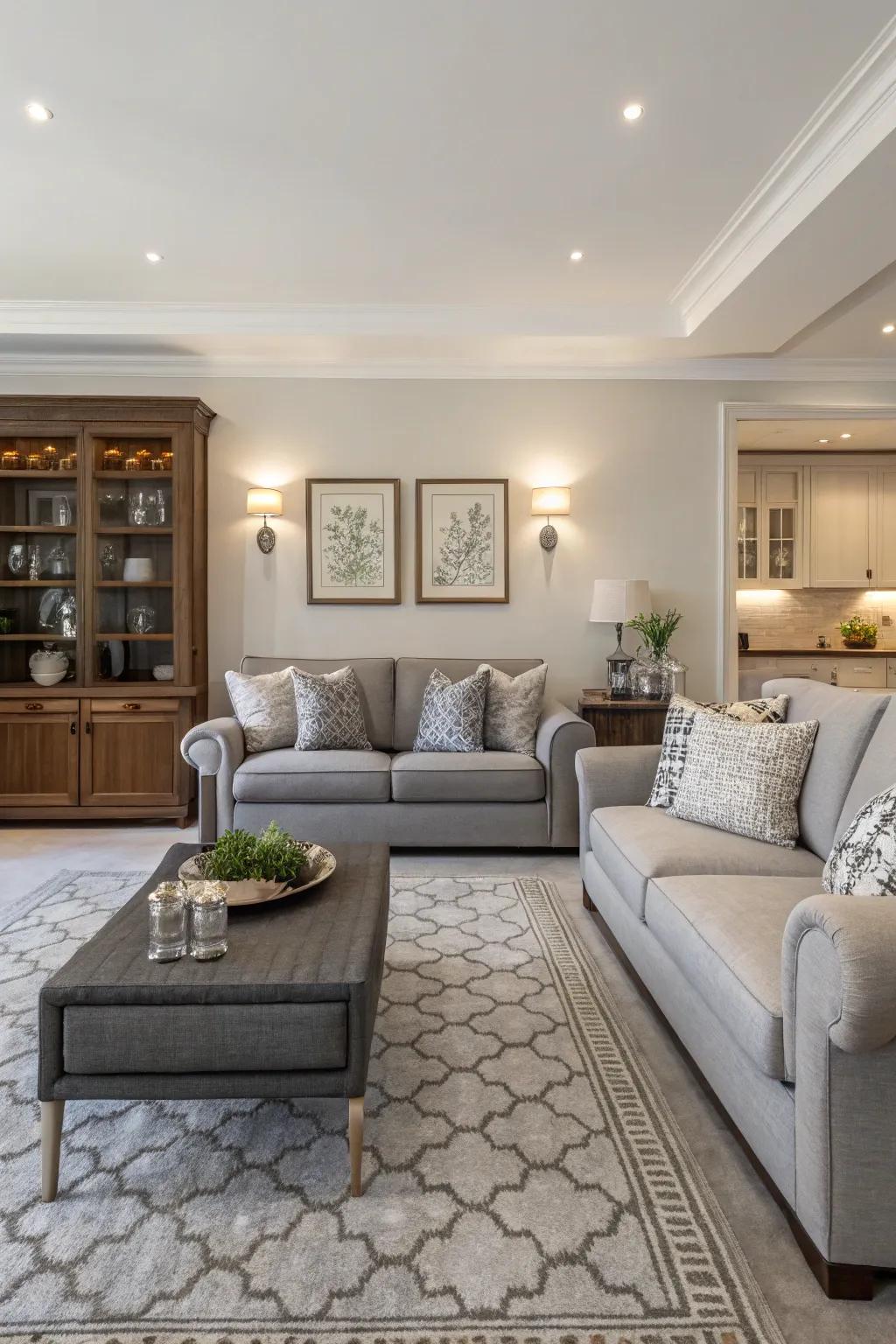 Symmetry brings balance to a gray sofa-centered space.