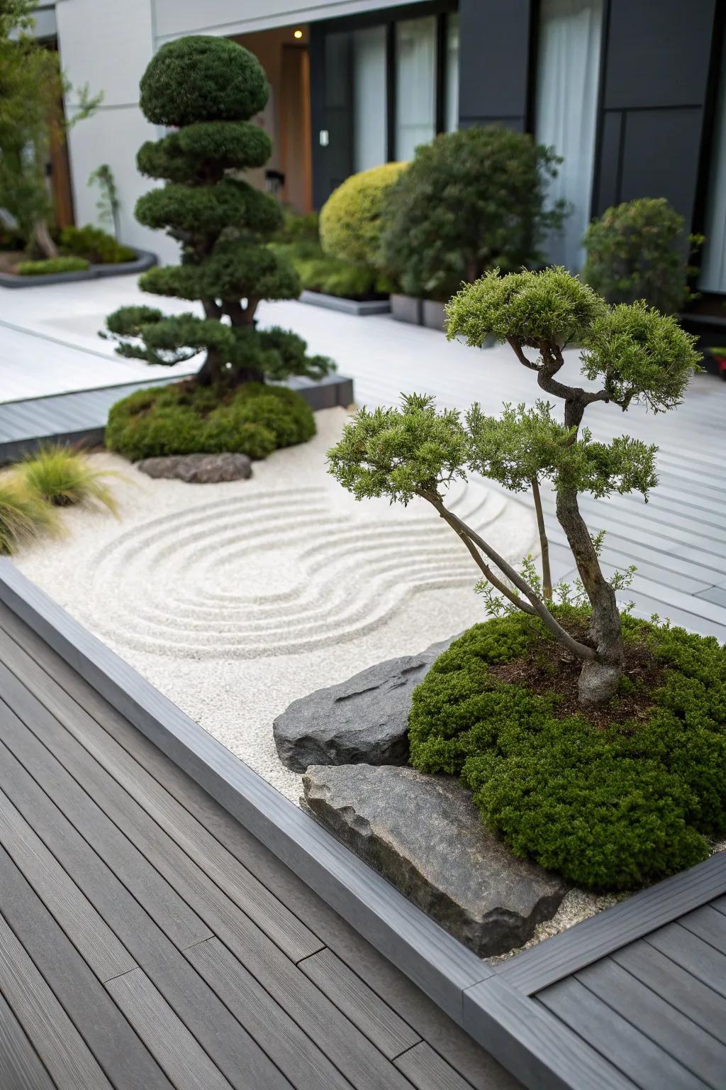 A tranquil Zen garden arrangement on a grey deck.