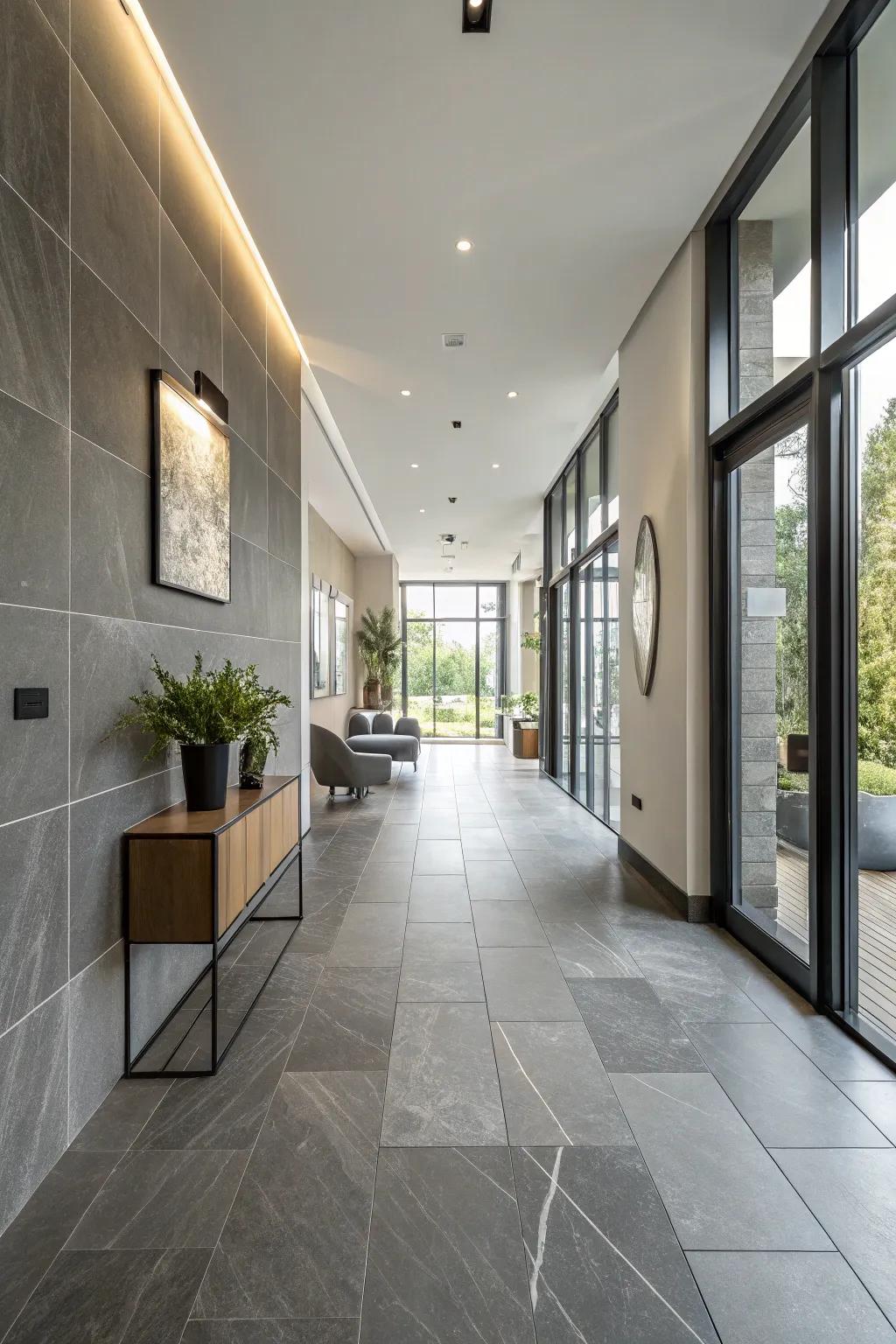 Different shades of grey add texture and interest to this modern hallway.