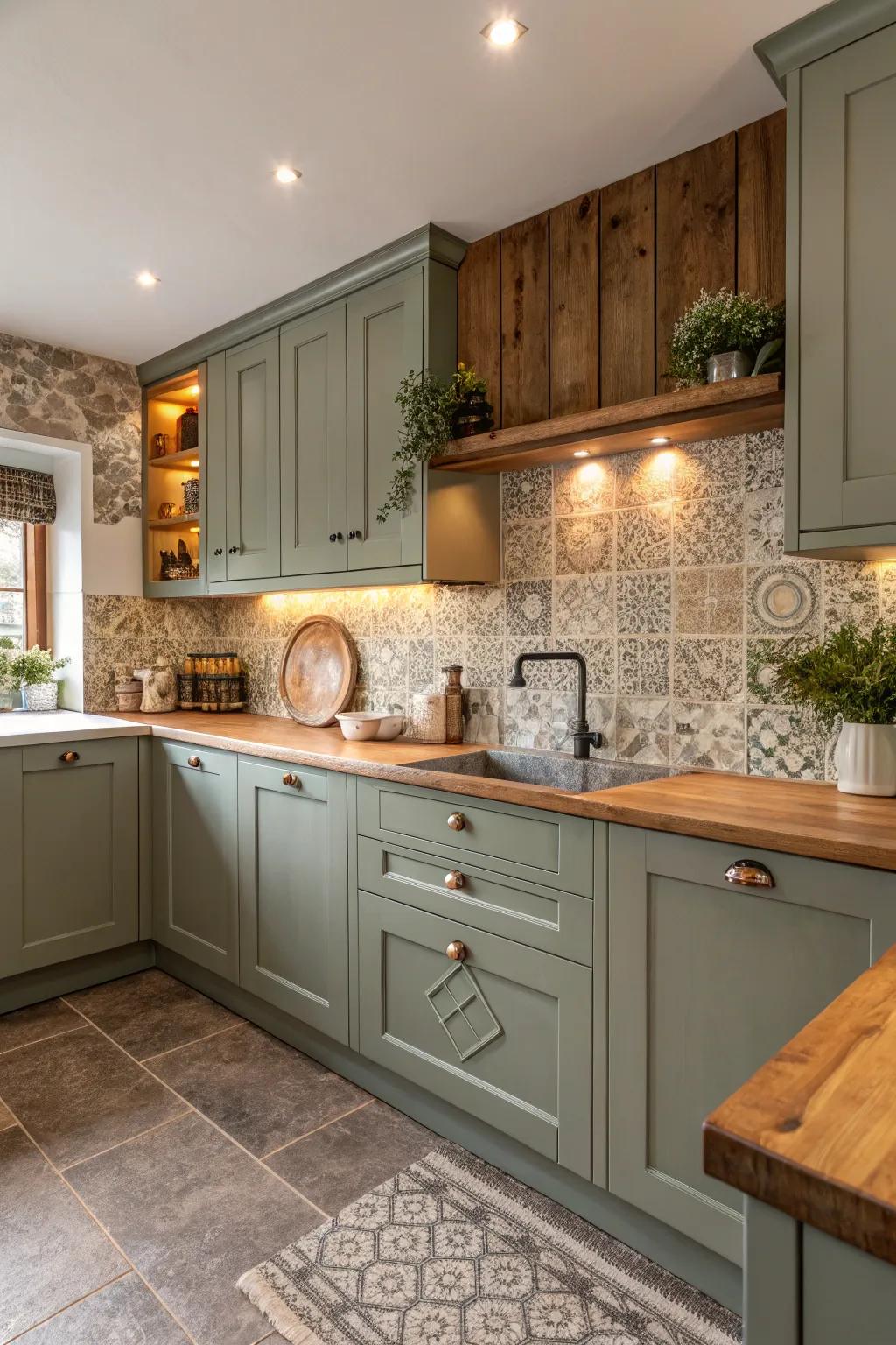 Earthy tones create a warm, welcoming ambiance with grey-green cabinets.