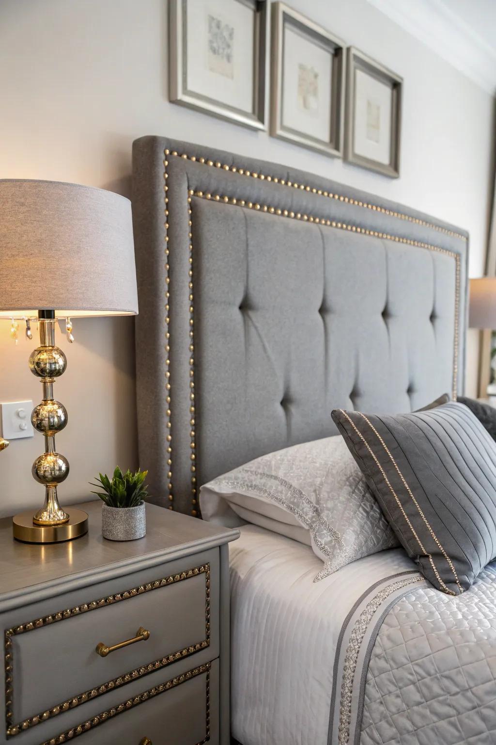 Elegant metal highlights enhance the cool shades of a grey headboard.