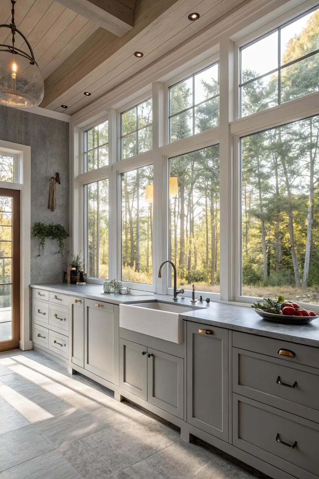 Sunlight enhances the welcoming sensation of a grey kitchen.