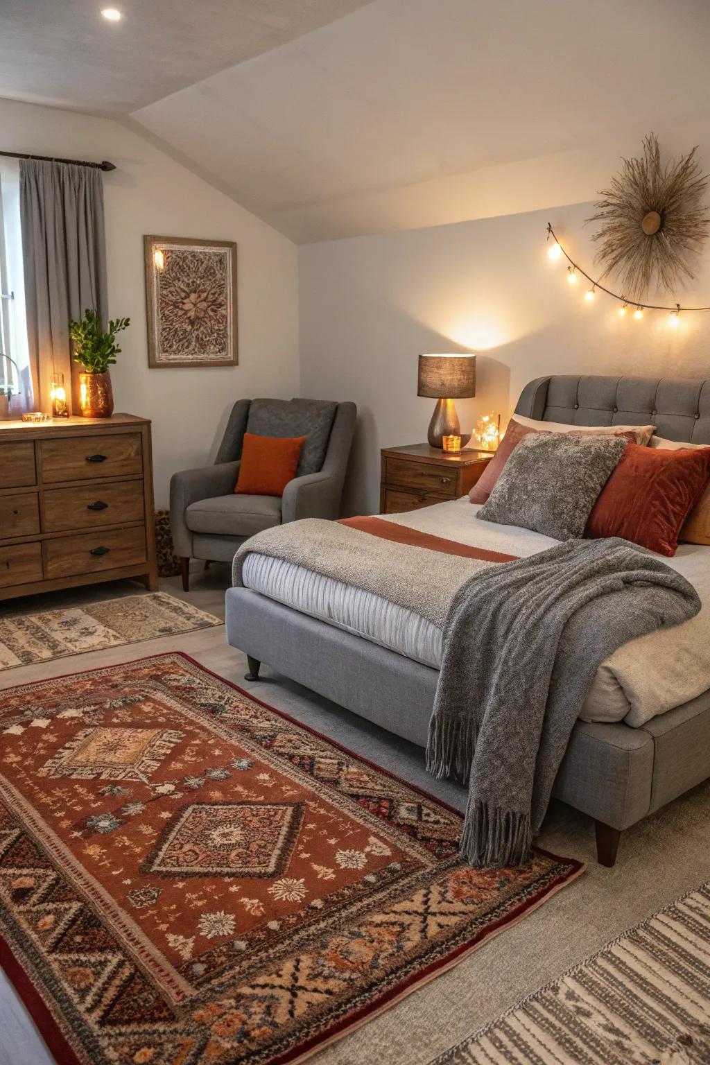 Warm textiles complement grey furniture for a cozy retreat.