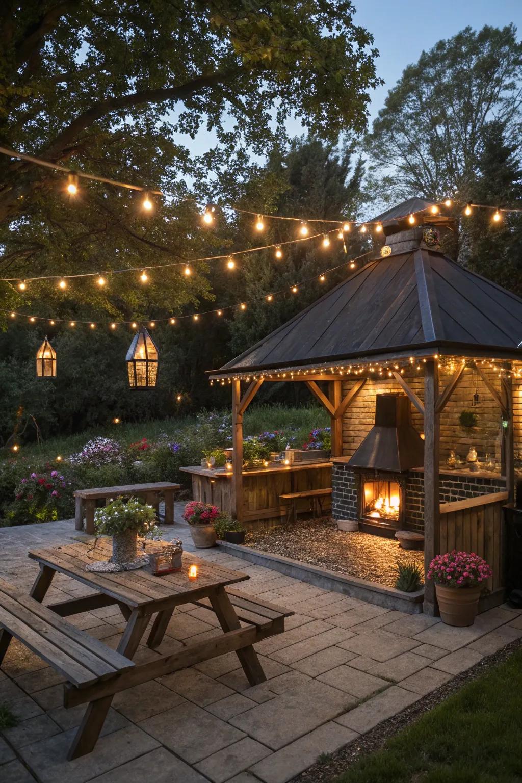 A grill hut lit with charming fairy lights and lanterns.