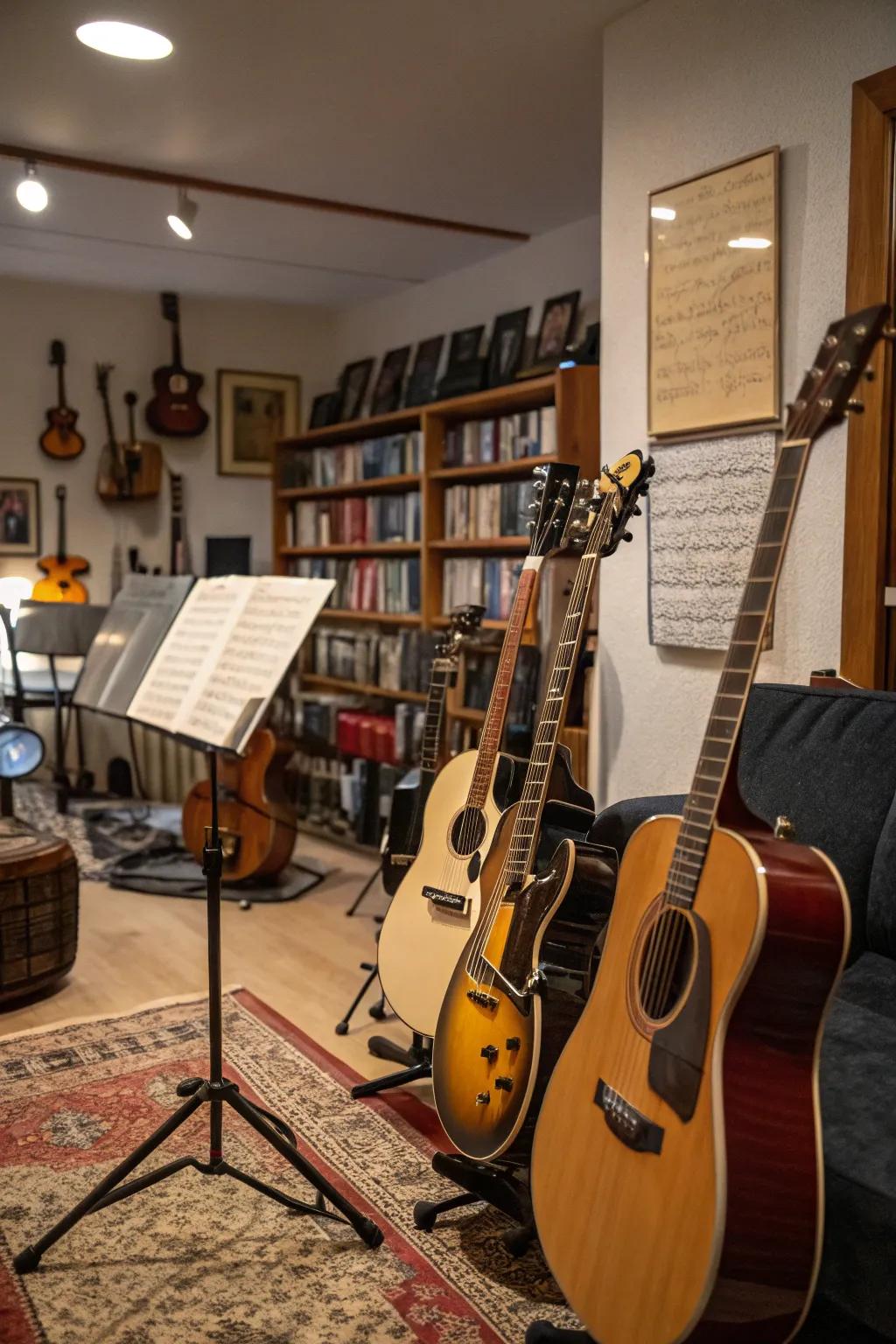 Musical instruments function as decorative accents and individual representation.