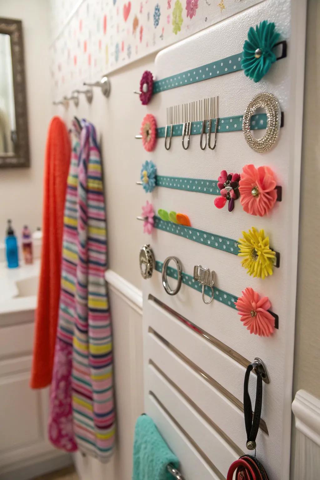 Quirky and efficient use of magnetic strips for hair accessories.
