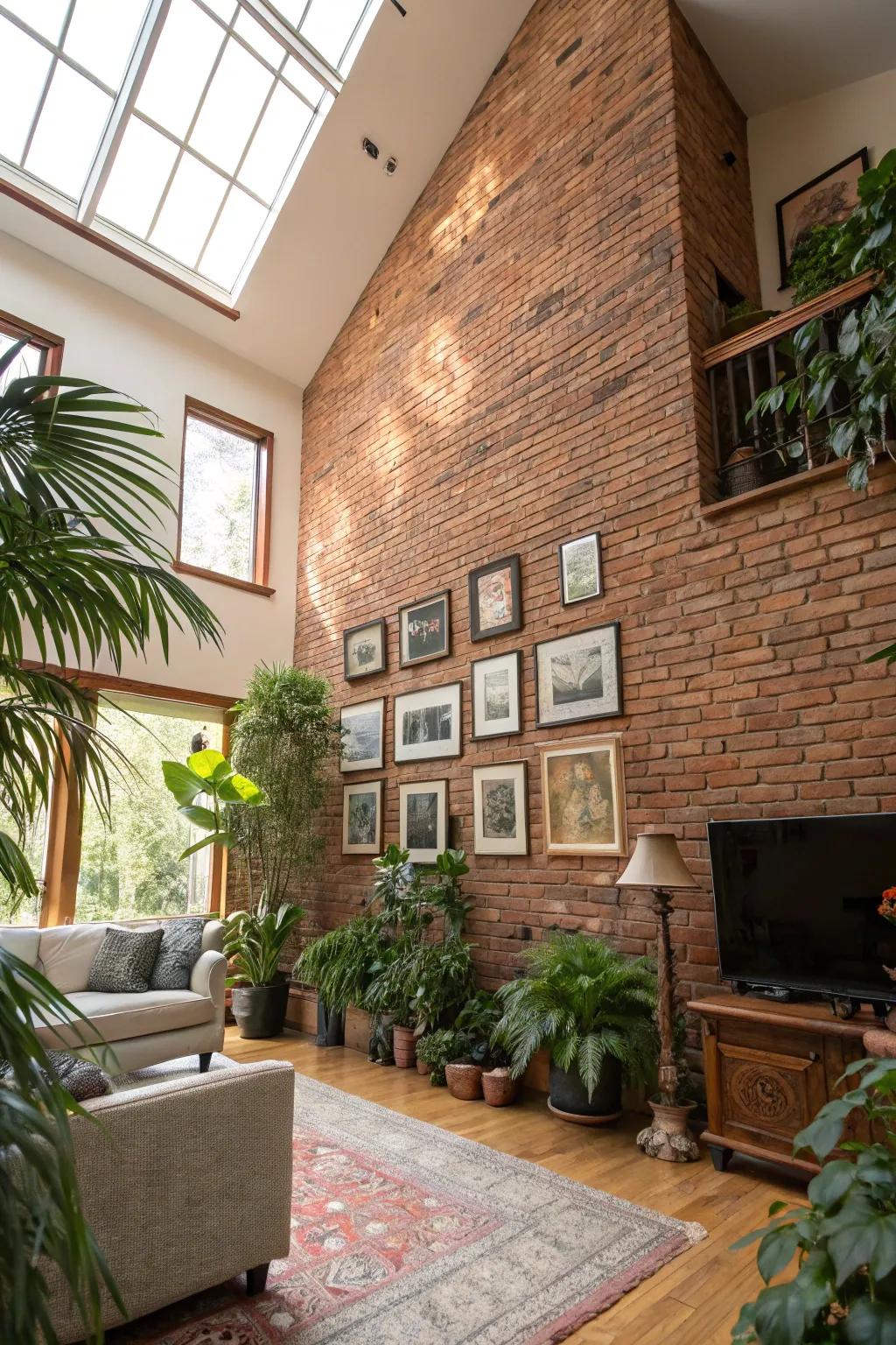 A high-ceilinged living room that has a large brick wall enhancing vertical space.