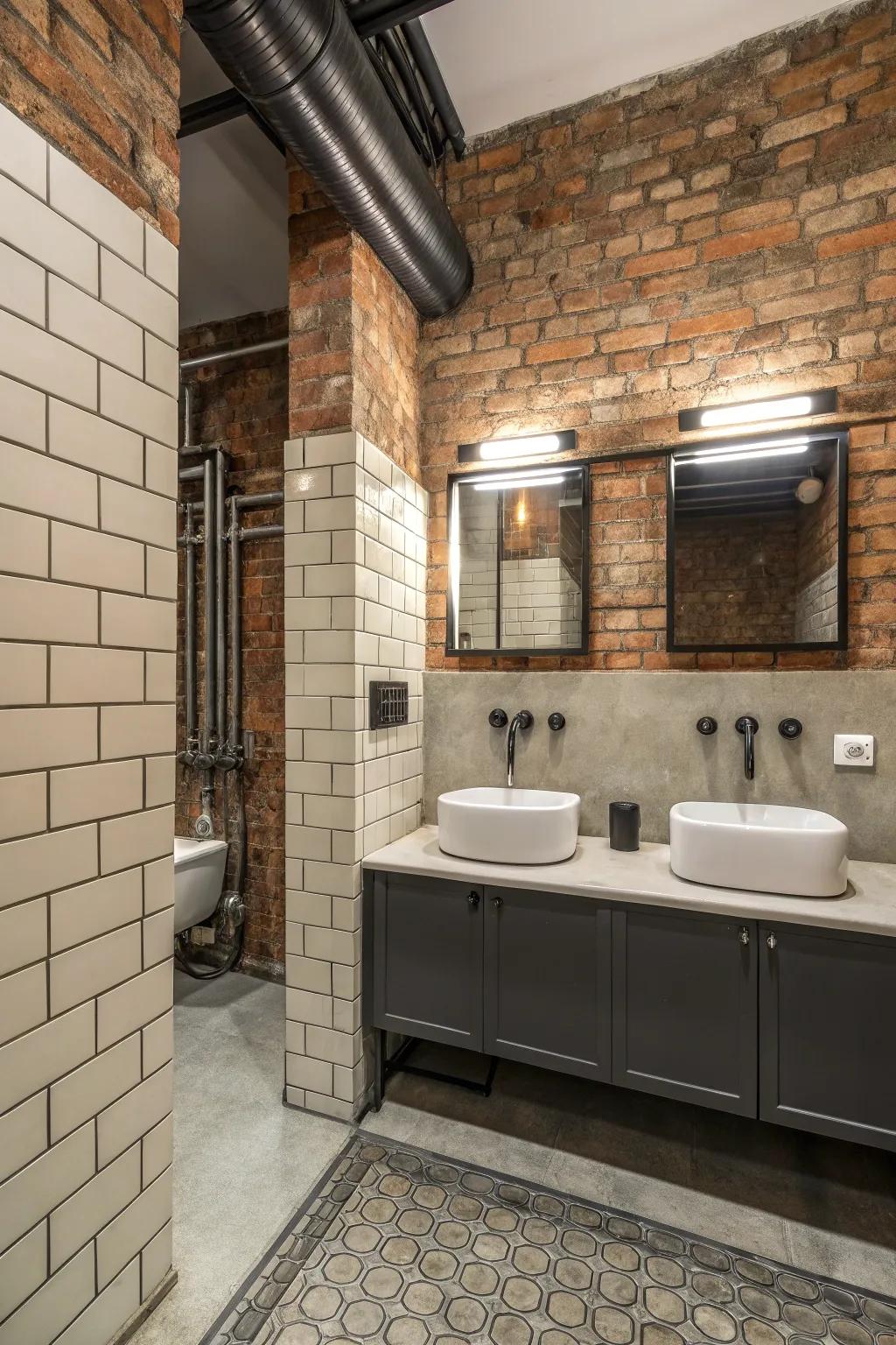 An industrial feel with bare brick and tile.