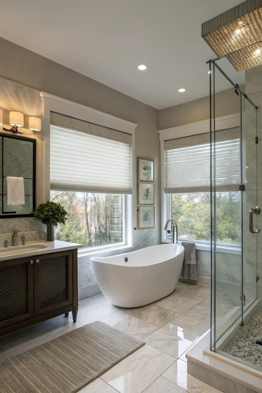 Modern bathroom with top down shades.
