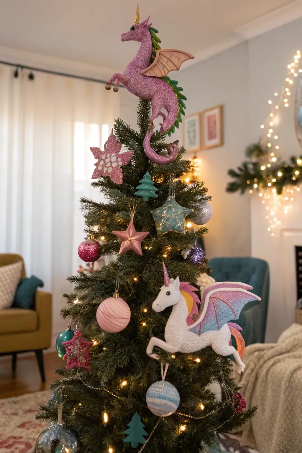 A fairy tale-inspired Halloween tree with mythical creatures.