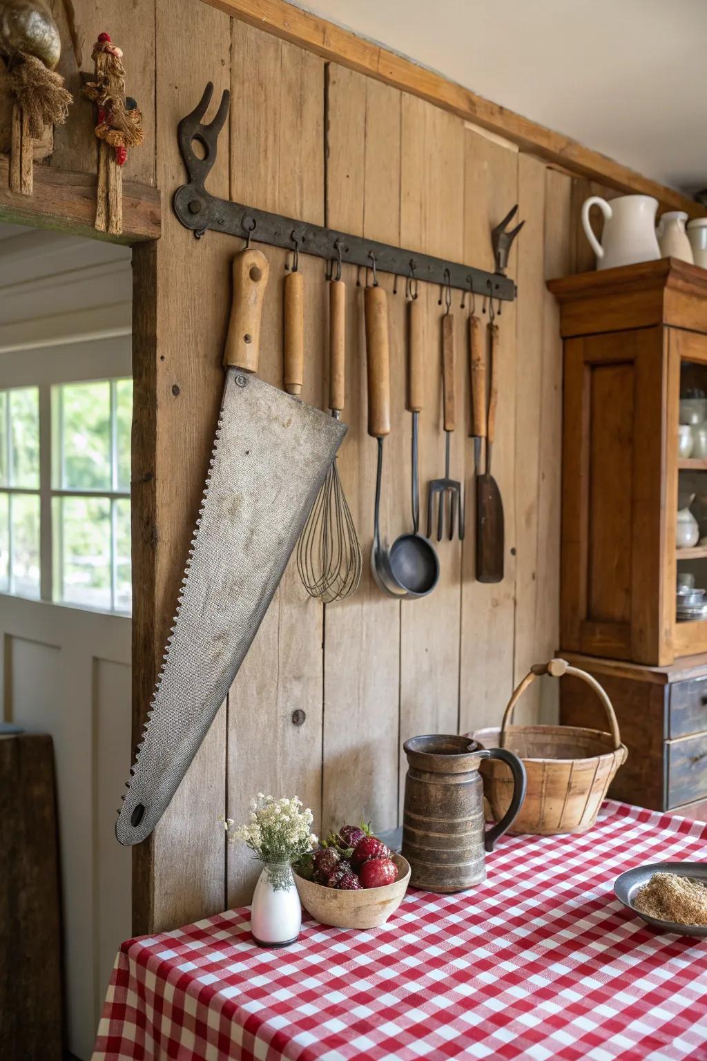 A handsaw repurposed as a kitchen utensil rack.