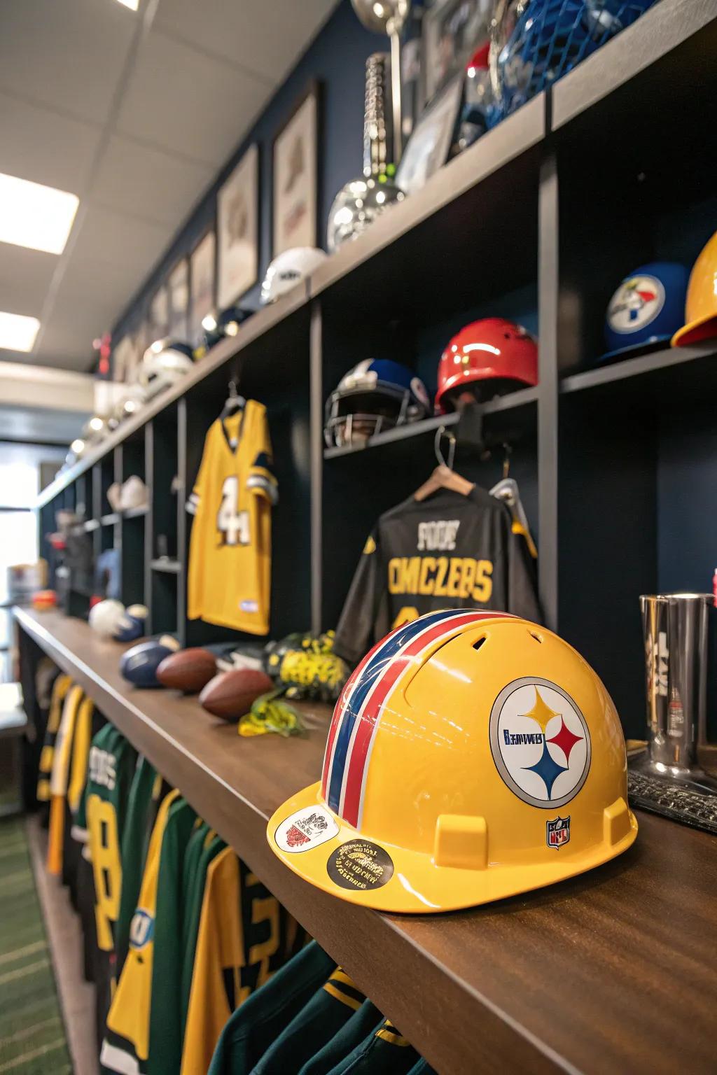 A hard hat showing off sports team pride.