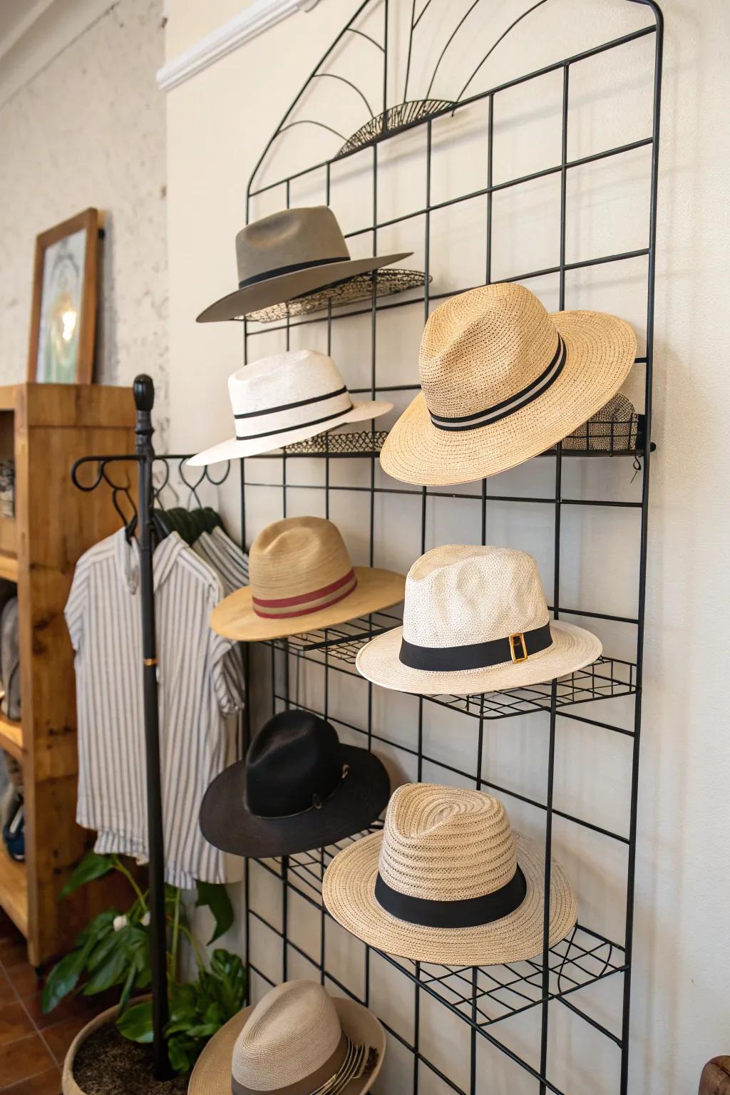 Open frameworks provide a modern and airy display for hats.