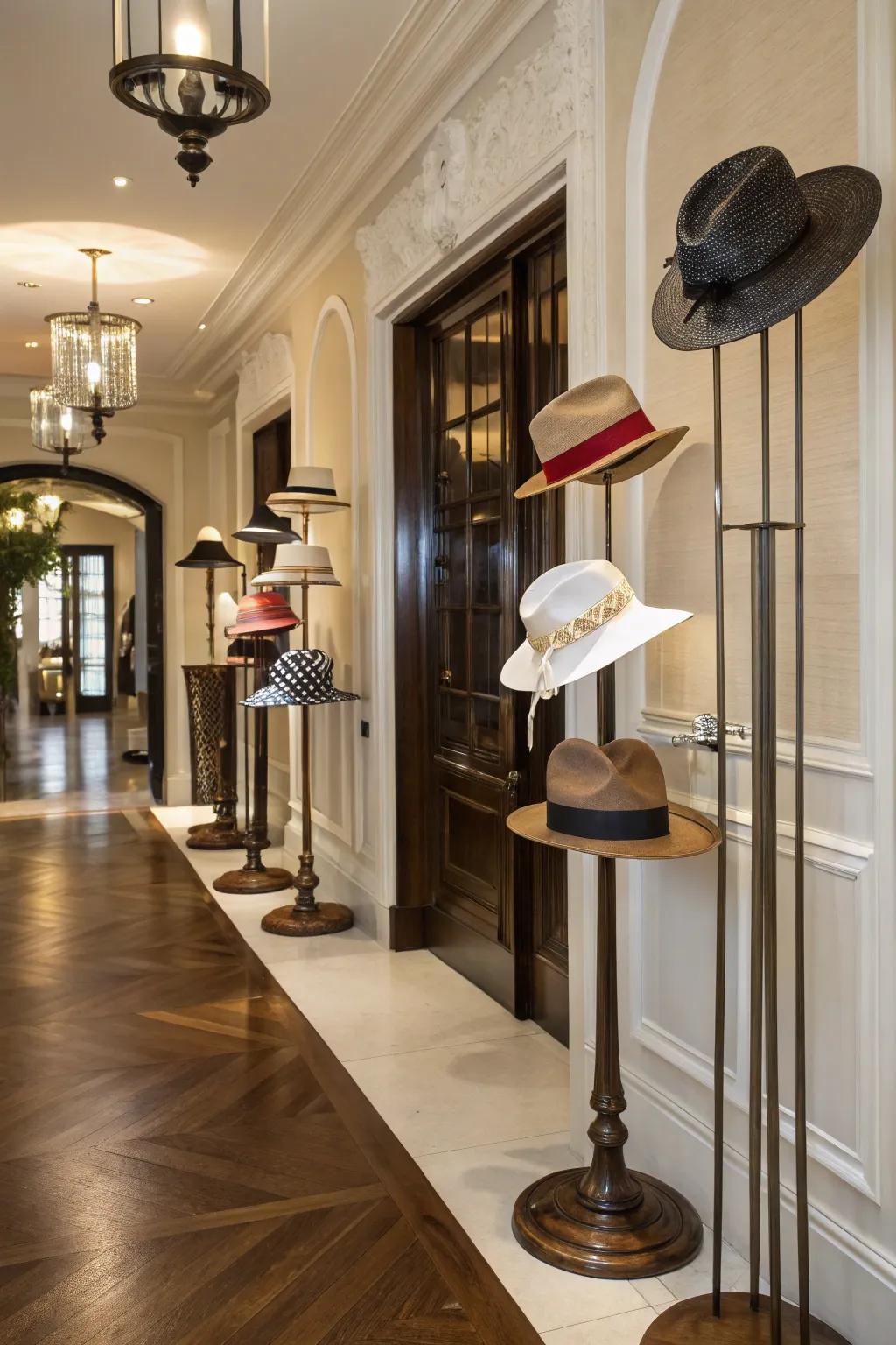 Elegant hat stands in an entryway.