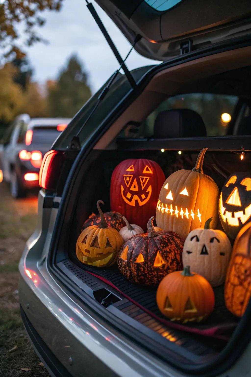 Craft a traditional gourd show with carved faces and creative lighting.