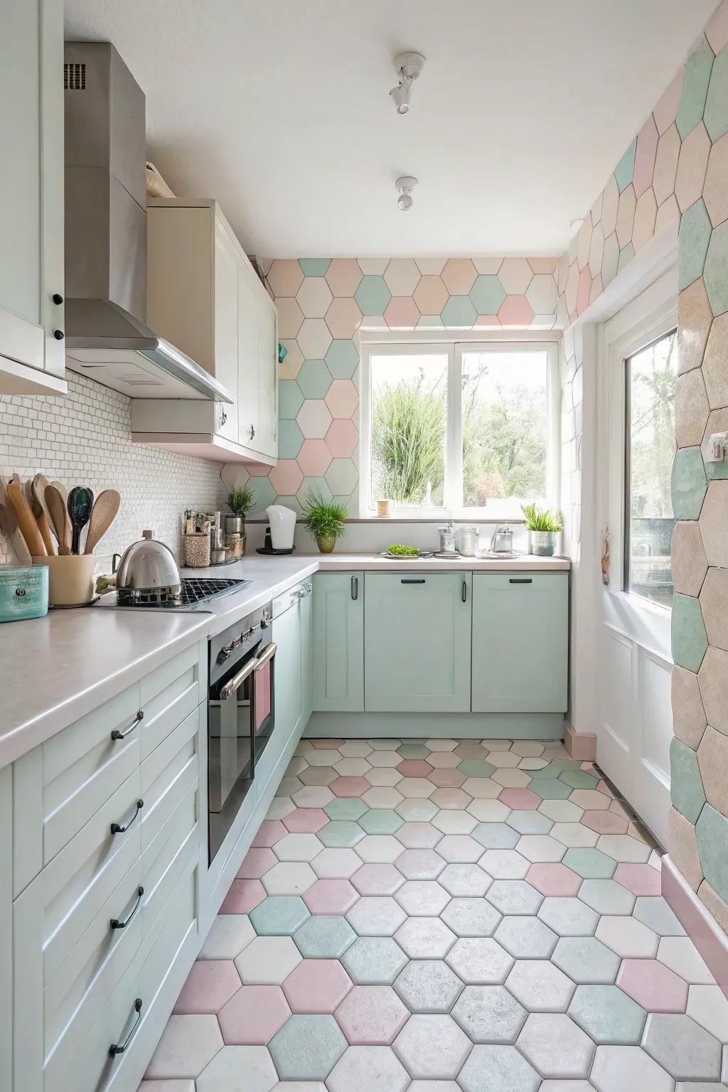 Delicate tint hexagon patterns enrich your kitchen with tranquil refinement.